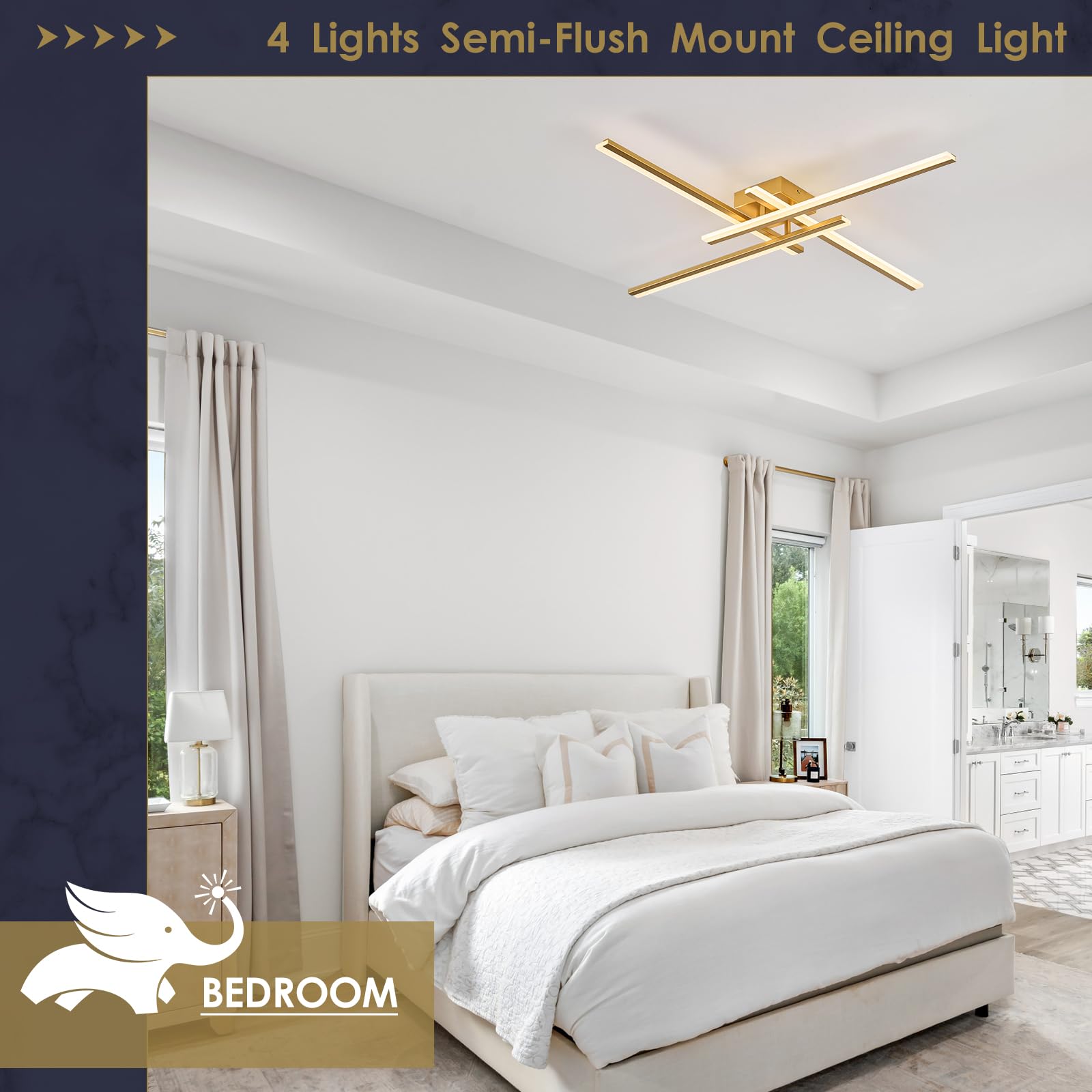 Airyphant Gold Modern Led Chandelier 4-Lights Semi-Flush Mount Ceiling Lighting Fixture 35.4  Dimmable Remote Control Ceiling Light For Living Room Bedroom Kitchen Foyer