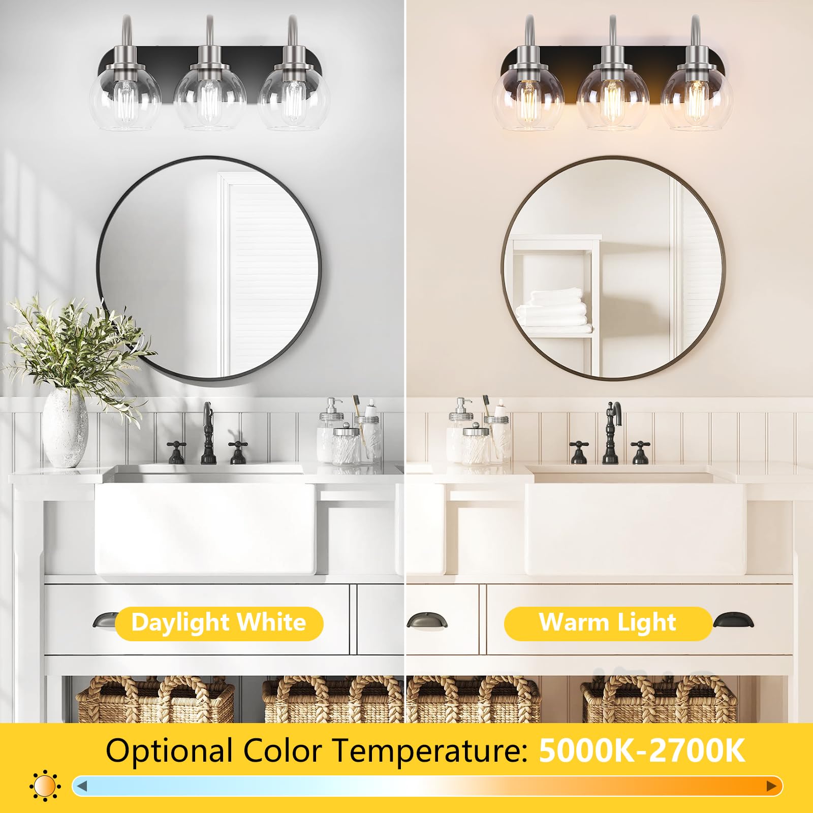 Dpyrrhic 3-Light Bathroom Vanity Light Fixture, Metal In Matte Black & Brushed Nickel, Modern Design With Clear Glass Shade