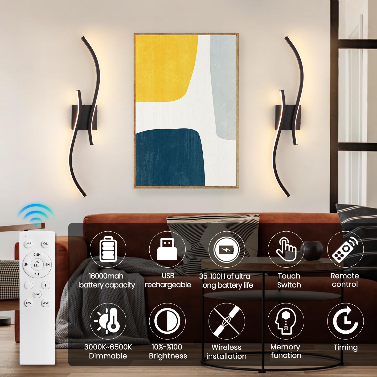Battery Operated Wall Sconces Set of 2, Dimmable Rechargeable Battery Wall Light with Remote Control, 3000K-6500K LED Black Wire