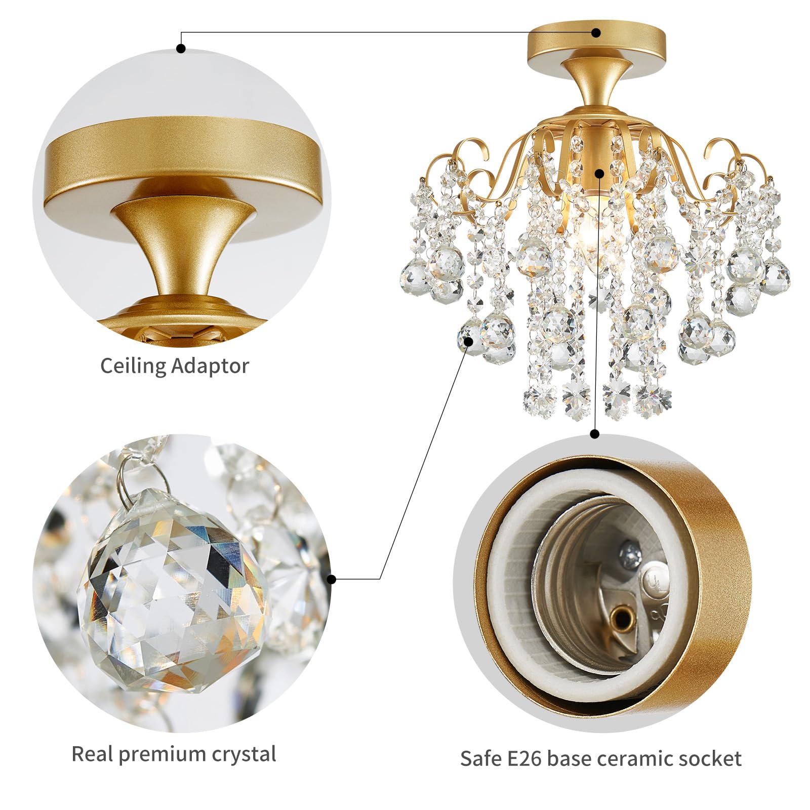 WUZUPS Crystal Chandelier Flushmount Light, Modern Metal Fixture, 13.4"H x 12.6"W, Silver, E26 Base, Model USHD30359SV