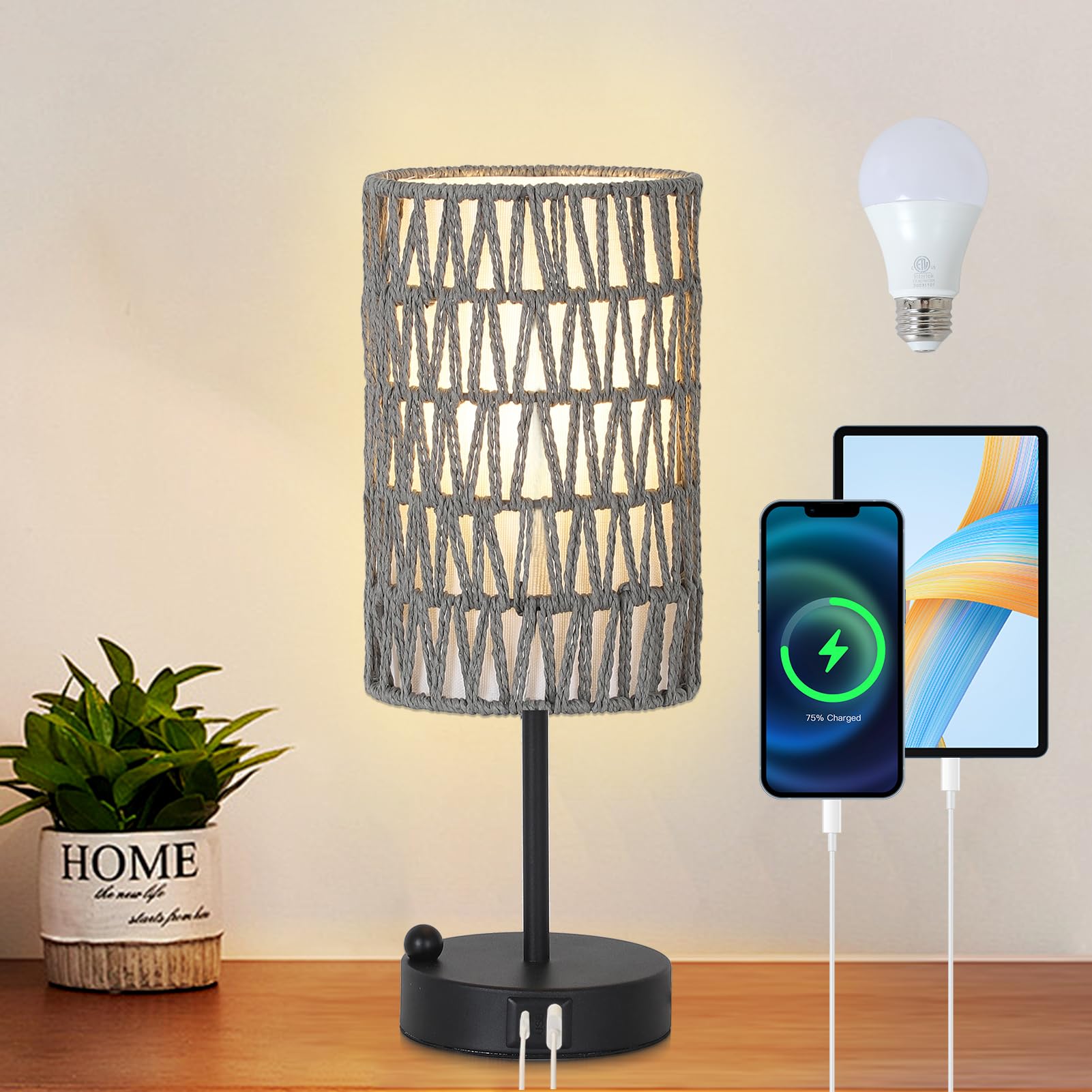 Touch Bedside Lamp For Bedroom with Bulb, Grey Boho Small Table Lamp For Living Room With Rattan & Linen Shade, 3 Way Dimmable T