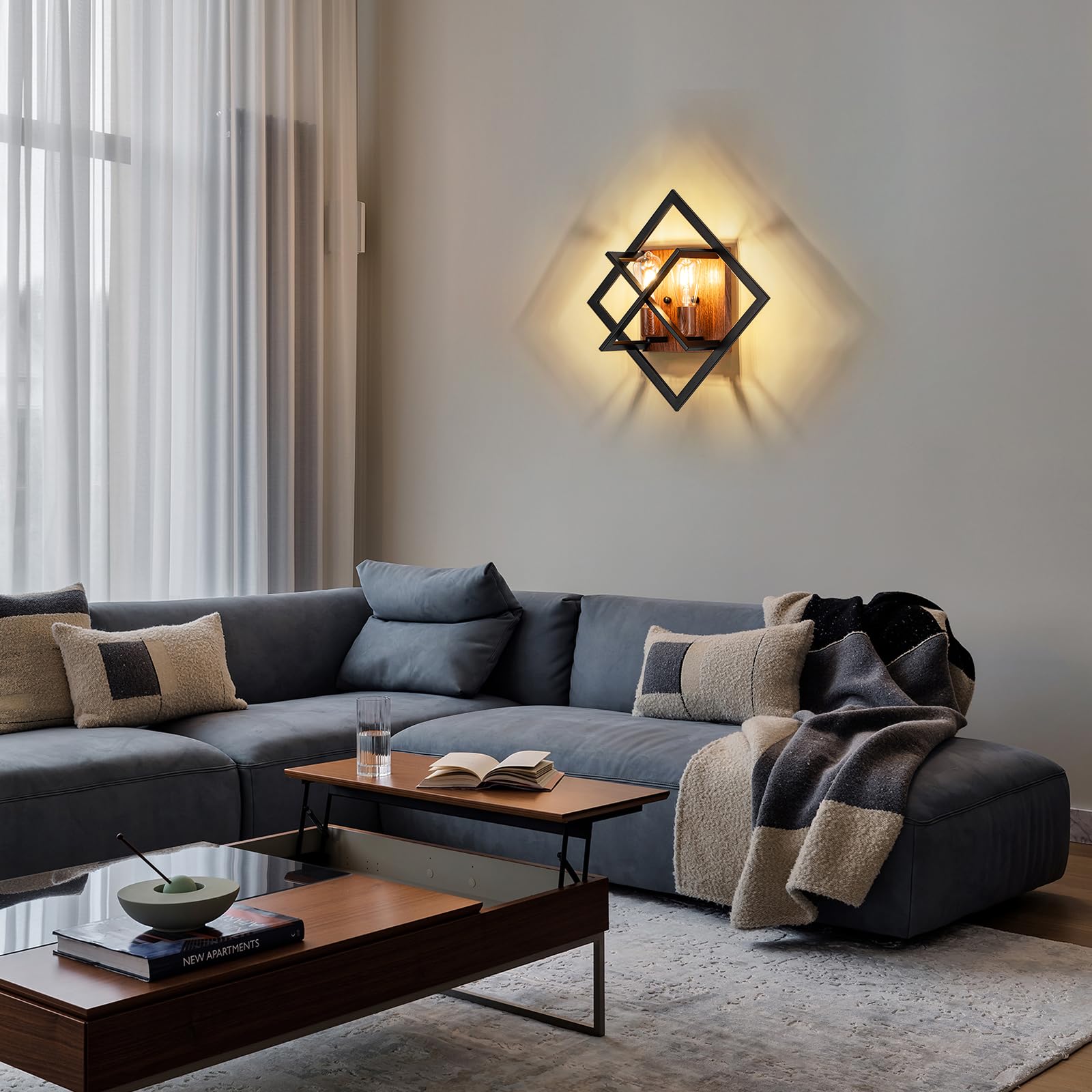 Fengkedu 2 Light Farmhouse Wall Sconces Black Wood Metal Wall Light With Square Cage Hardwired Wall Mount Lamp For Bedroom Livin