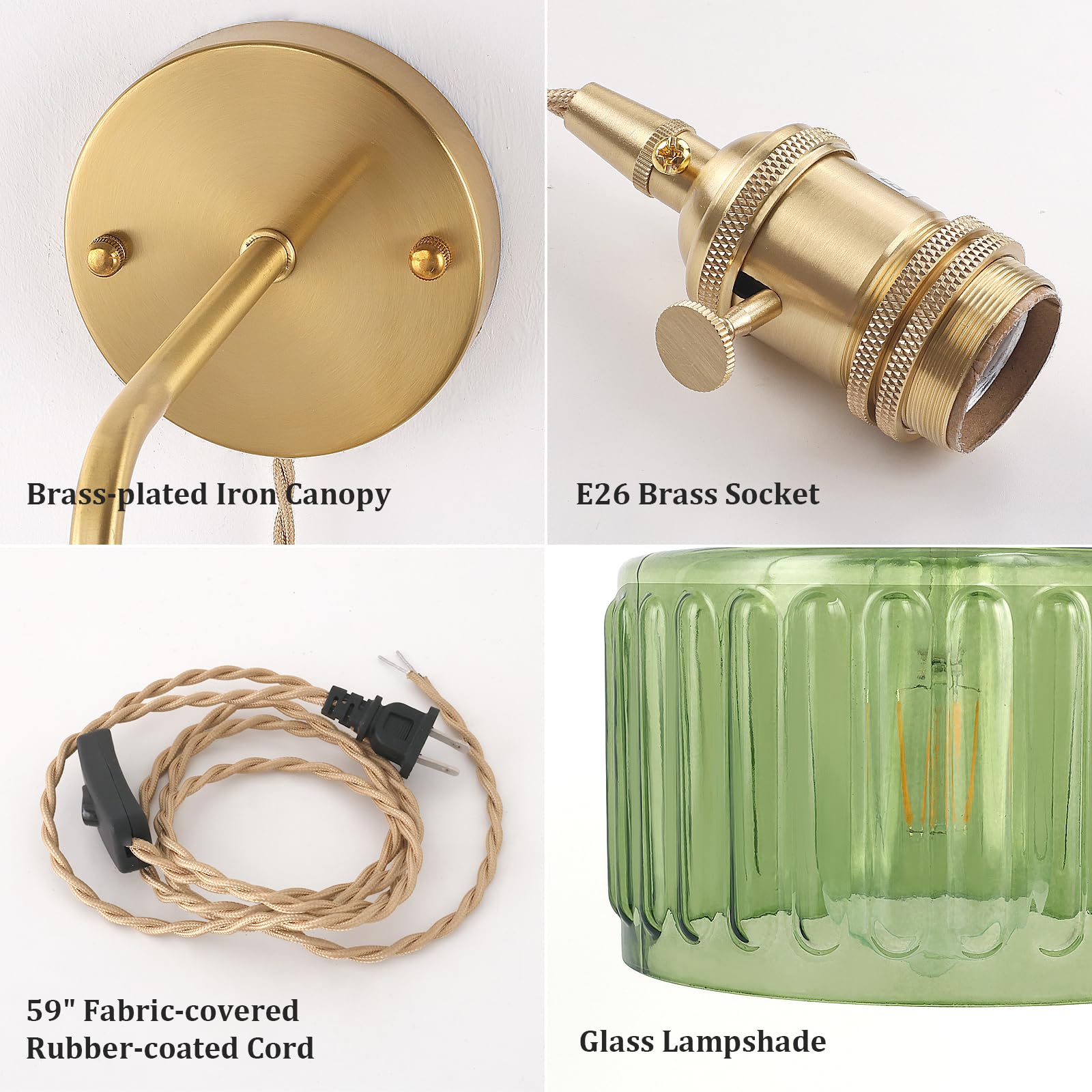 Shenmoyl Vintage Wall Sconce Lamp, Green Striped Glass Shade, Plug in, Brass, Model 1-9390
