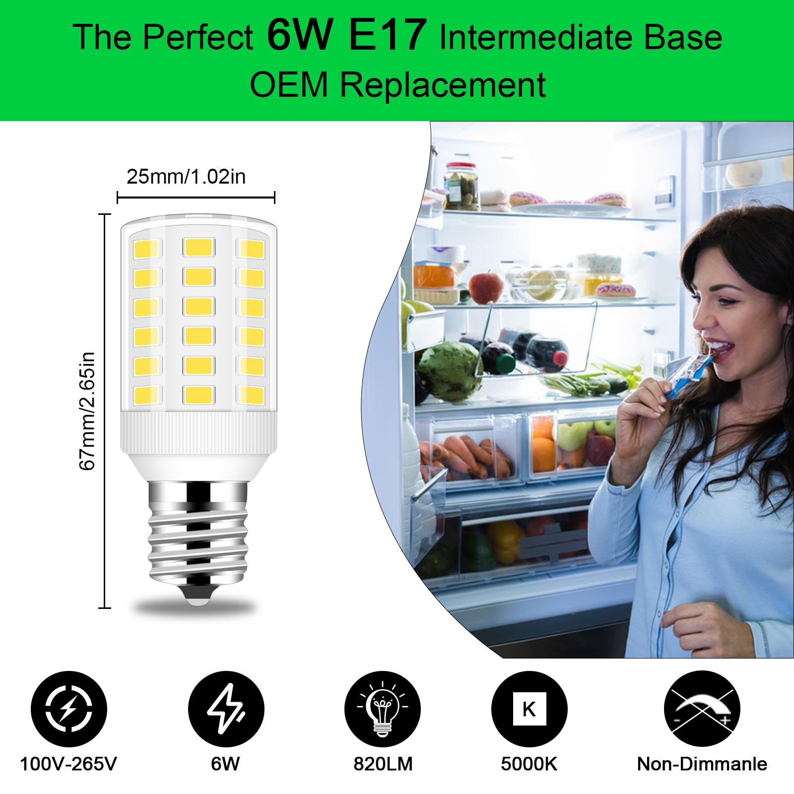 LFLAMPON E17 LED Bulb 6W Non-Dimmable Daylight White 5000K - Model E17T5754, 2 Pack, Ideal for Kenmore Refrigerators