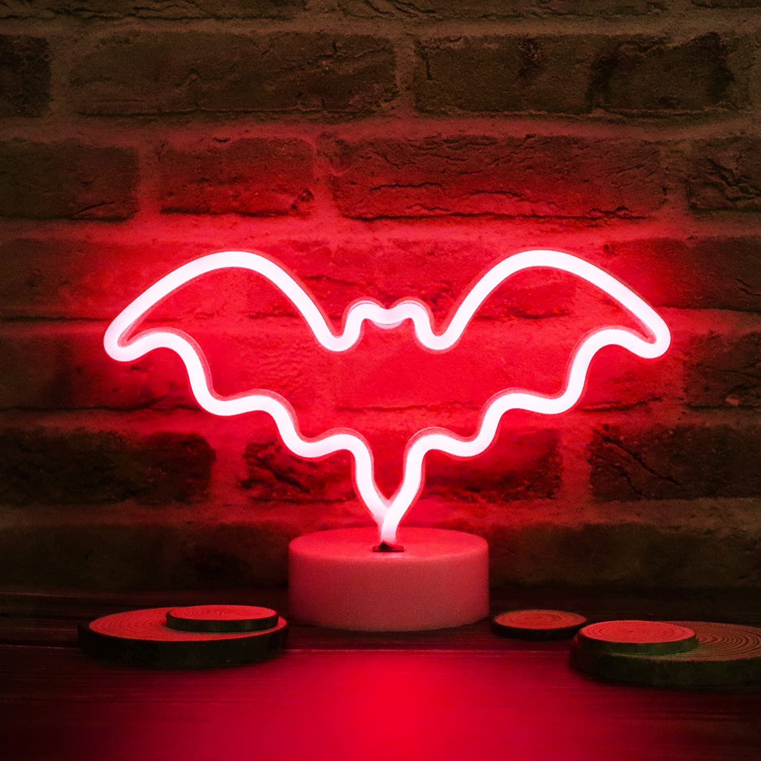 Vicila Led Neon Bat Lights Halloween Decorations, Bat Shape Neon Signs Night Lights Battery Operated Desk Table Lamp Gothic Decor For Bedroom, Bar, Wall-Bat With Holder Base(Red)