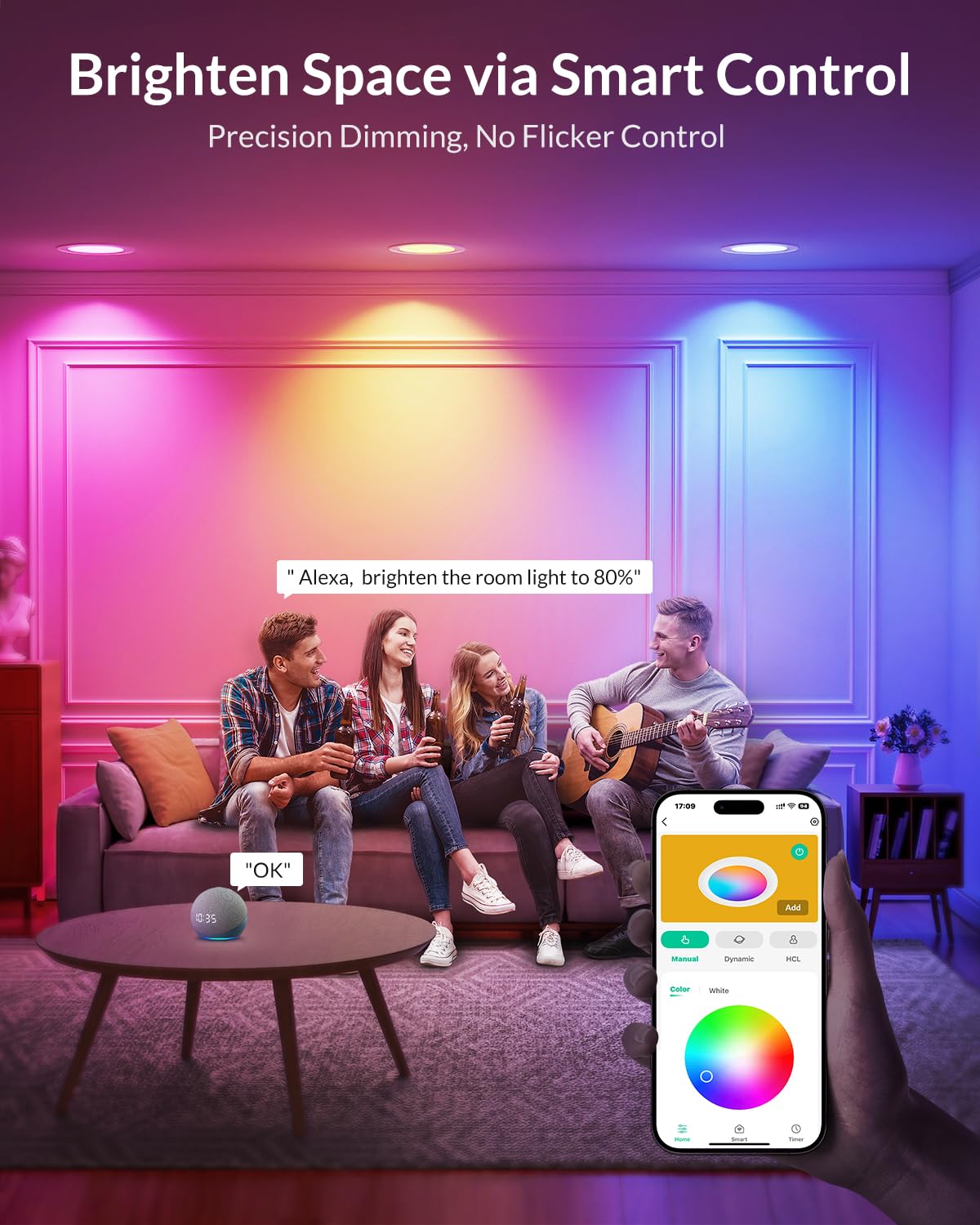 Lepower-Tec Smart Recessed Lighting 6 Inch 4 Pack, Wi-Fi Connect Rgbww Led Downlight With Junction Box, App & Voice Control, 110