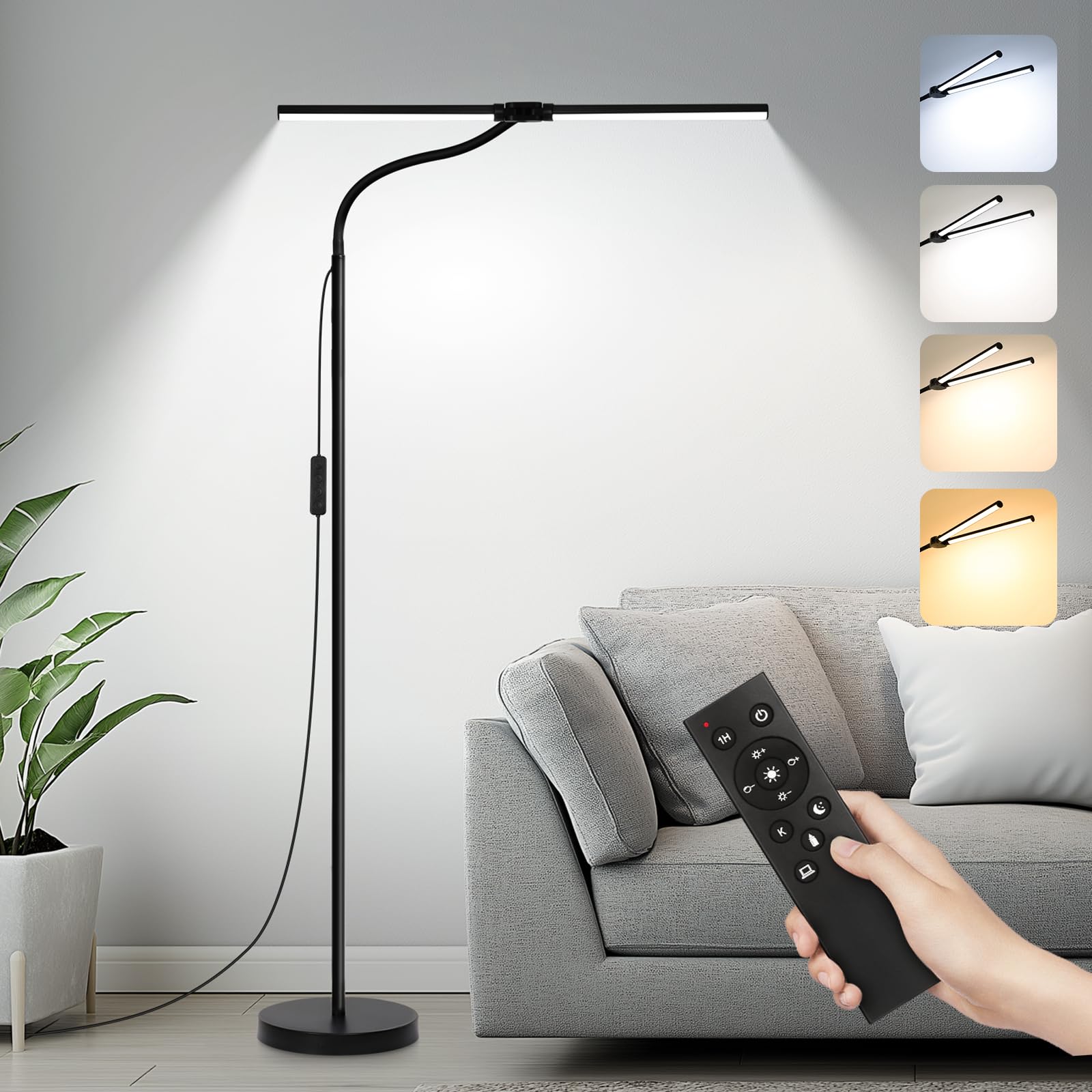 Led Floor Lamp With Remote Control, Bright 15W Floor Lamps For Living Room With Double Head, Adjustable Gooseneck Standing Lamp,