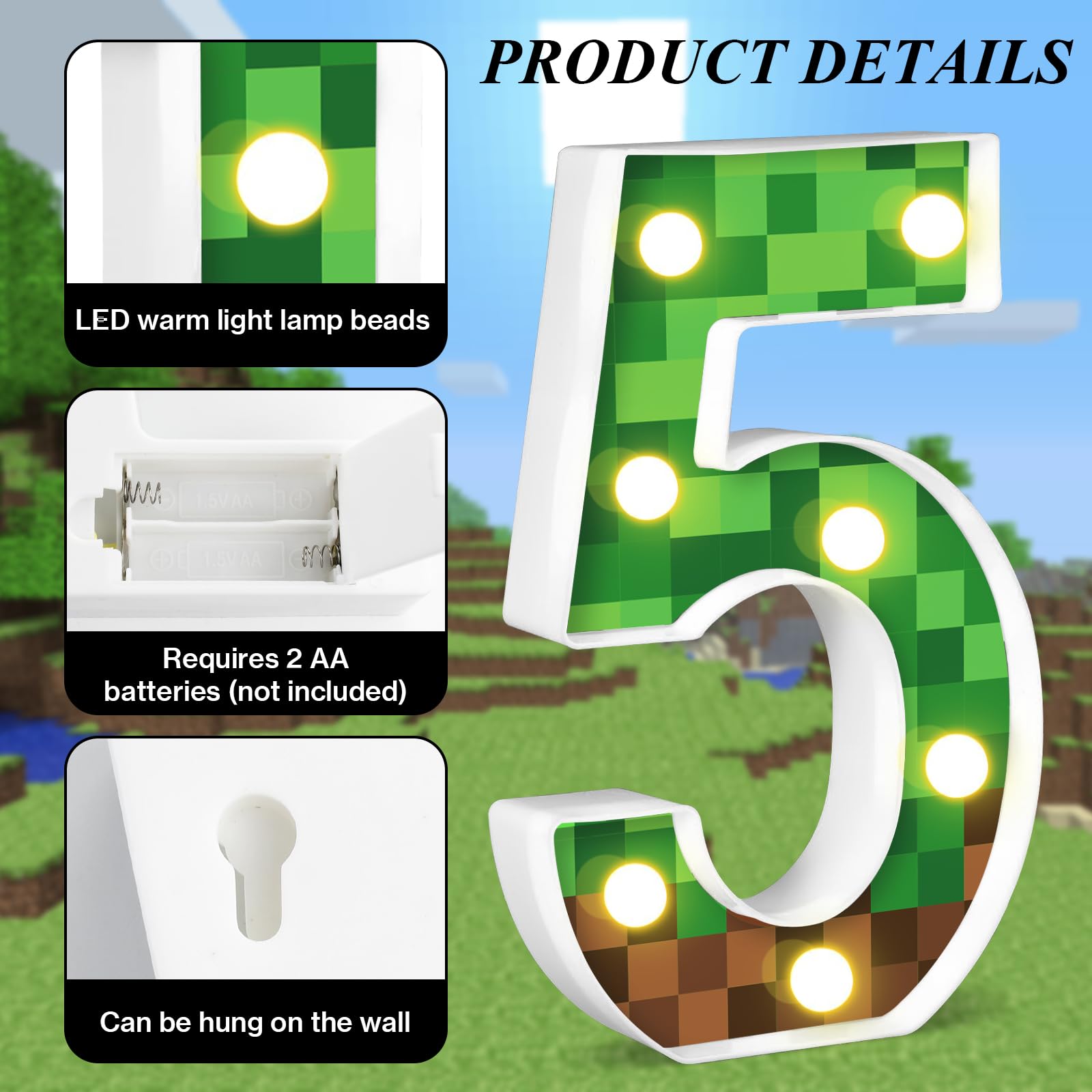 AXBMM 8.5in Pixel Game Light Up Sign, Number 5, Green/Brown, LED, PP Plastic, Birthday Decorations, Game Theme Party Supplies