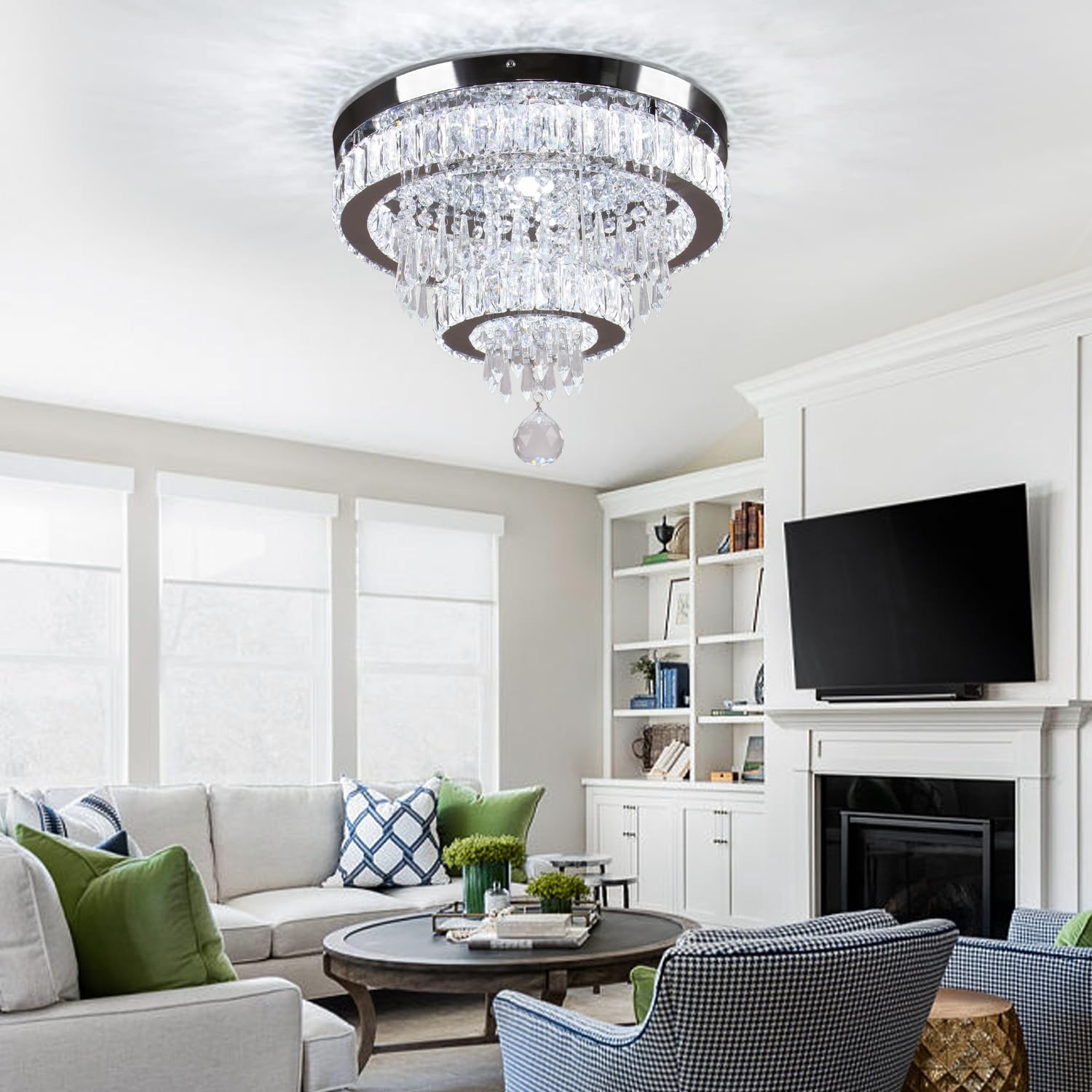 Finktonglan 16&quot; Crystal Chandelier, Led Semi Flush Mount Ceiling Light For Bedrooms & Dining Room