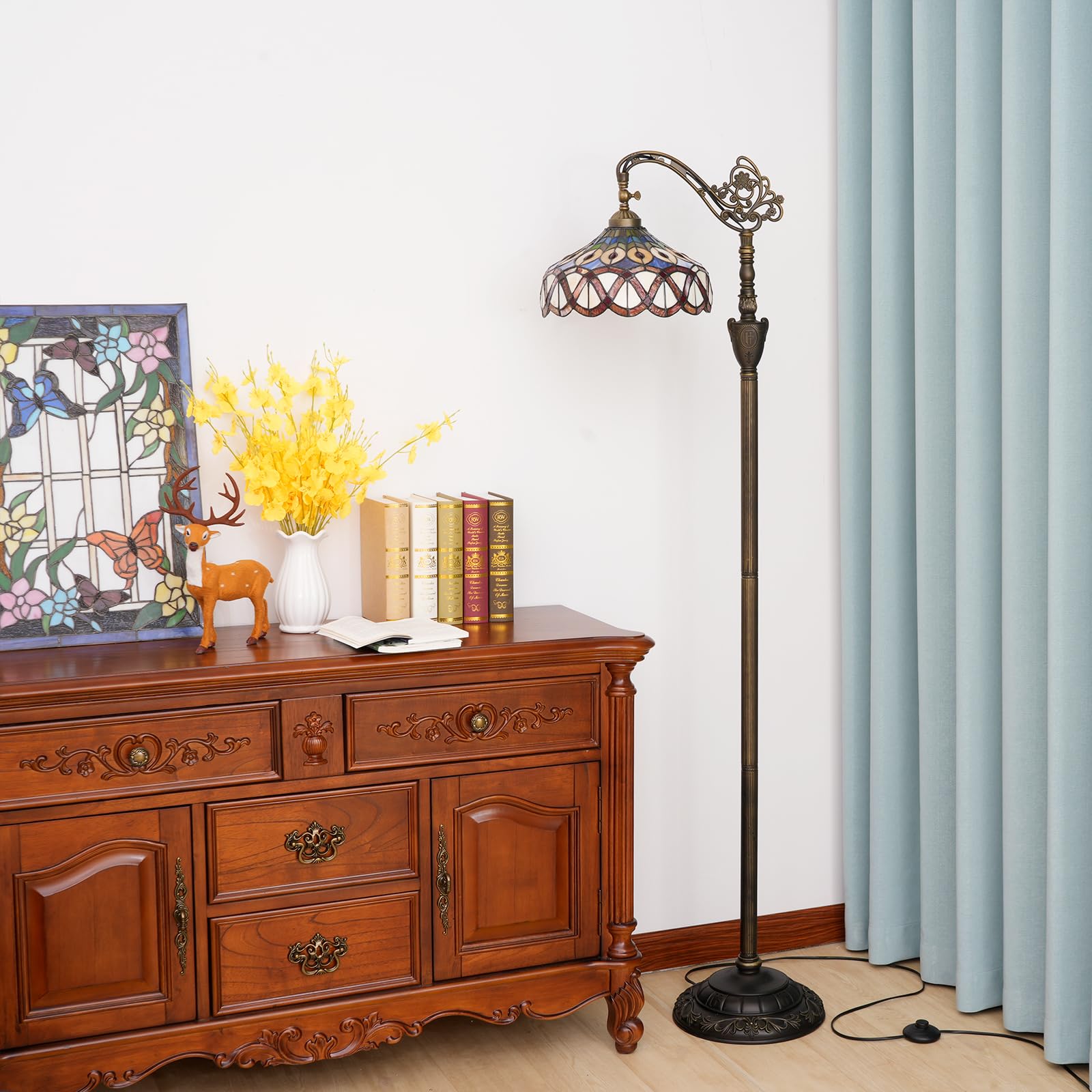Blivuself Tiffany Floor Lamp Yellow Peacock Tail Stained Glass Floor Light Adjustable Angle Tall Standing Lamp 63 Inches For Hom