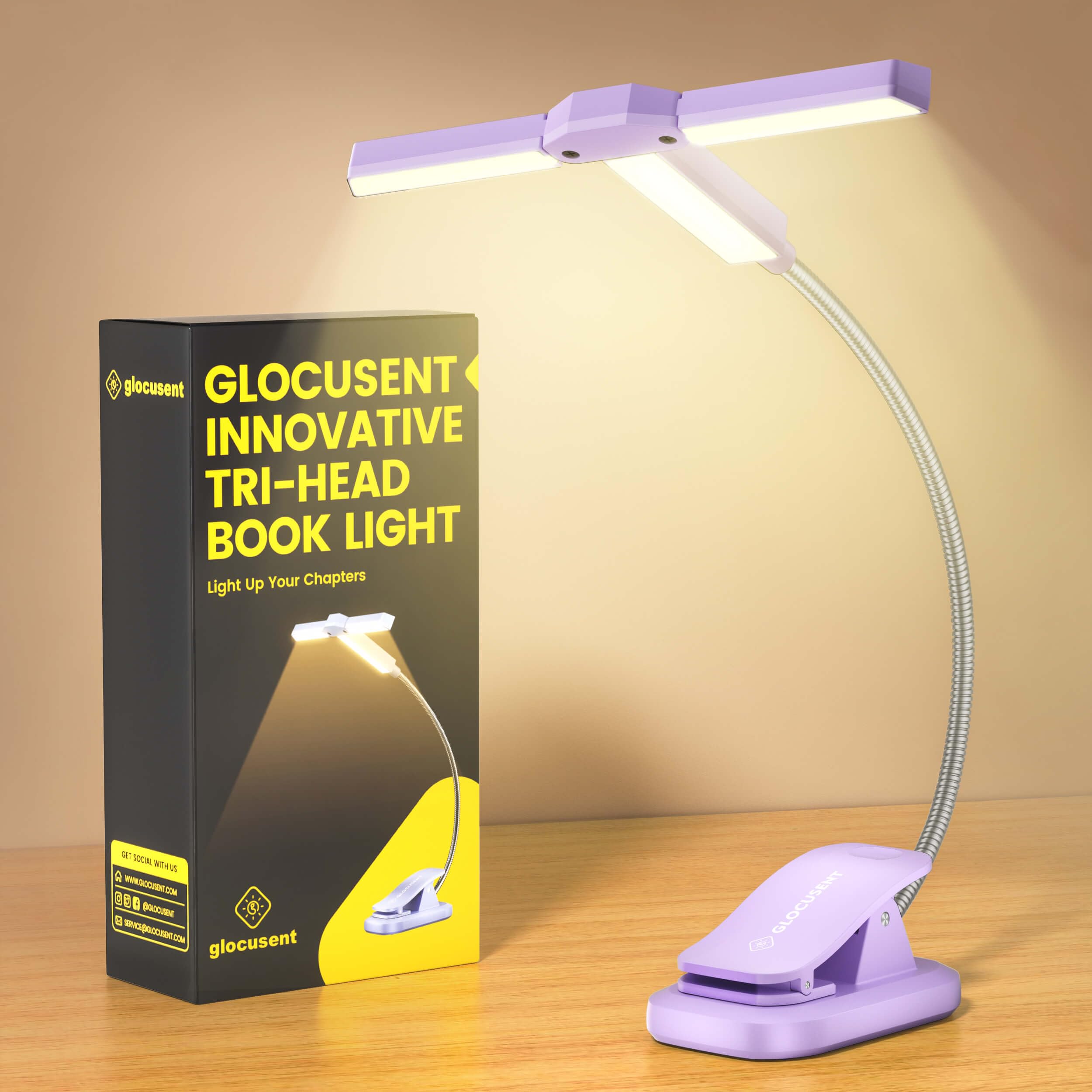 Glocusent Tri-Head Book Light, 3 Colors, 5 Brightness Levels, 1000mAh Rechargeable, Purple, Model GLCSNTA2301