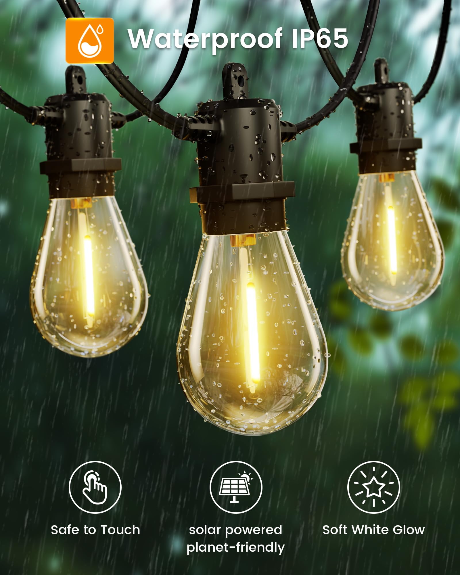 60Ft Solar Outdoor String Lights, 18+1 Shatterproof Led Bulbs, Waterproof, Usb Rechargeable, 2200K Warm White, Energy-Saving Han
