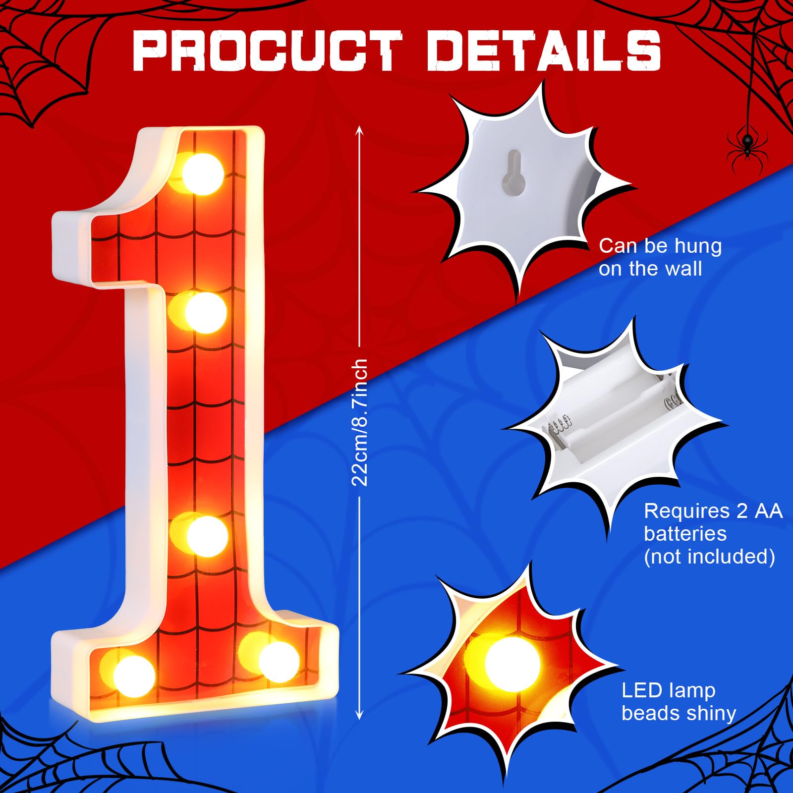 VIHOSE Spider LED Number 1 Light, 8.7" Polypropylene Birthday Decoration, As Shown, Perfect for Kids Parties and Baby Showers