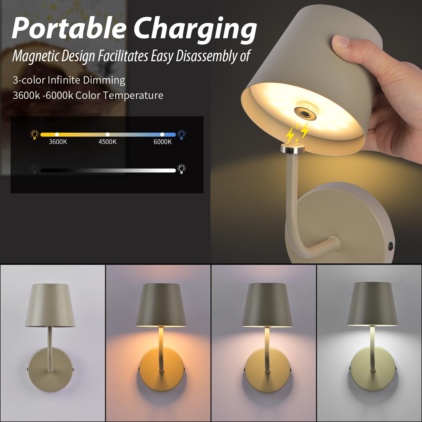 IMQSQIK LED Wall Lamp Set of 2, Rechargeable 5600mAh, Touch Control, Metal, Apricot, Model RQ-14-2Pack