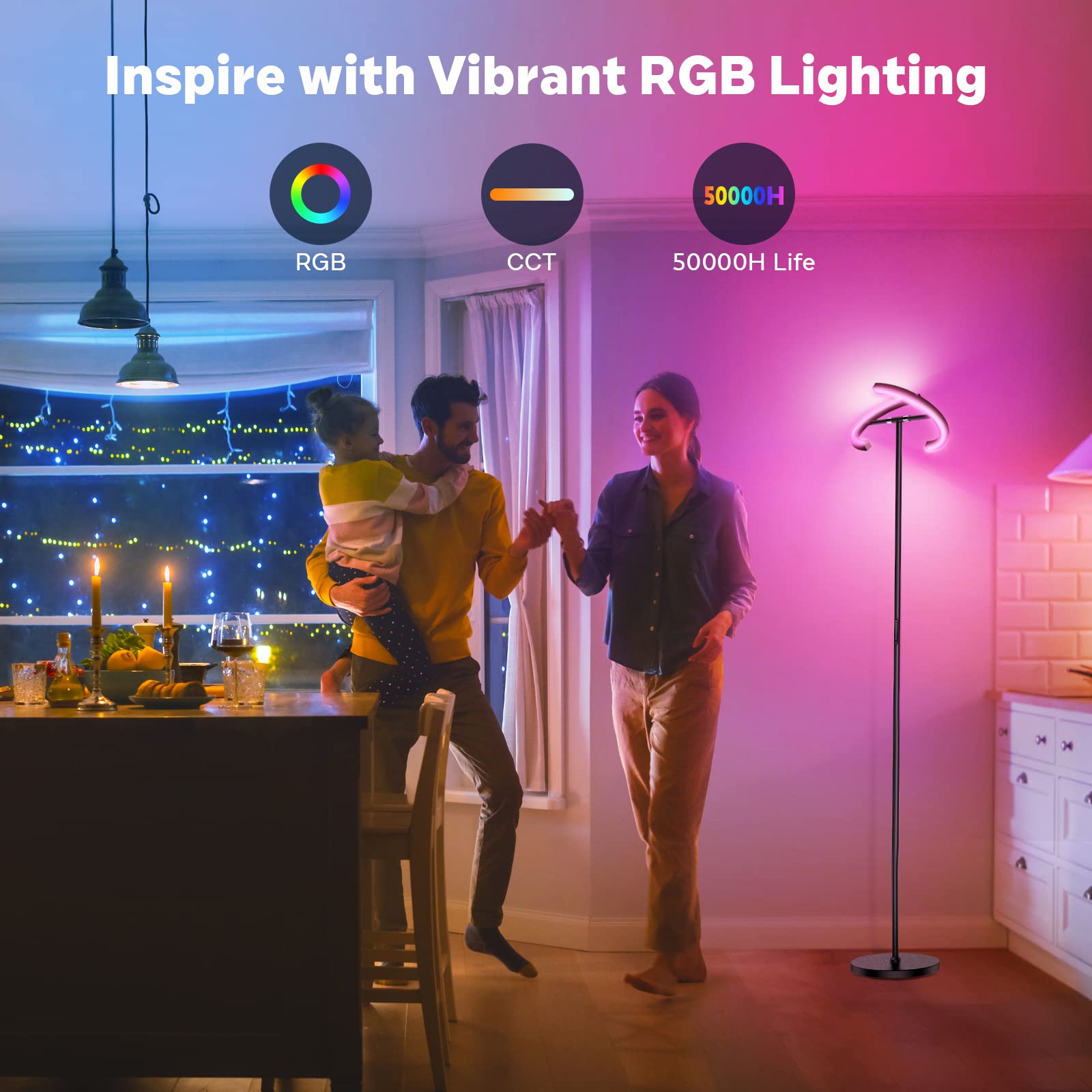 SIBRILLE RGBCW Floor Lamp - Color Changing, Dimmable LED, Remote Control, Rotatable, Black with RGB, Upgraded Size