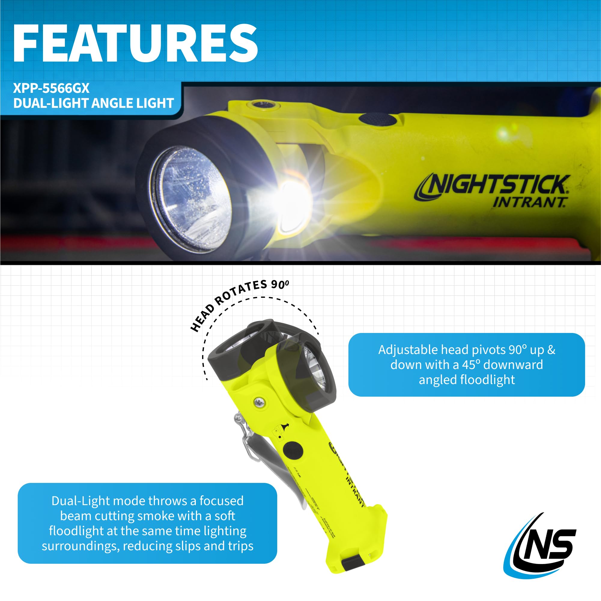 Nightstick Xpp-5566Gx Intrant Intrinsically Safe Dual Angle Light - 3 In 1 Flashlight, Floodlight, Dual-Light - 8 Brightness Mod