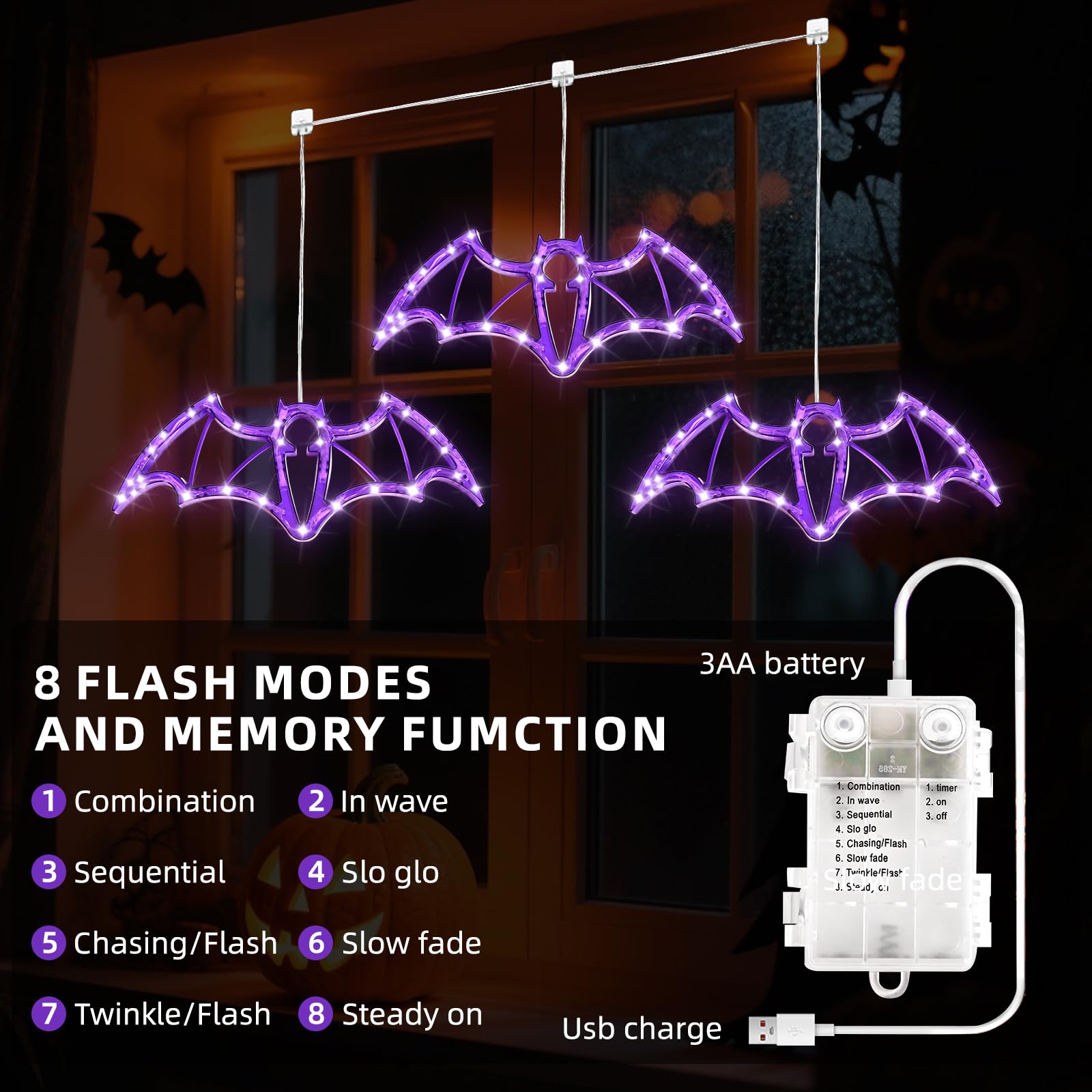 Hopolon Halloween Decorations Lights 2Ft 36Led Halloween Purple Bat Windows Lights Battery/Usb Operated String Light  Ip44 Waterproof  8Mode&Timer For Indoor Outdoor Holiday Home Party Decor(4Hooks)