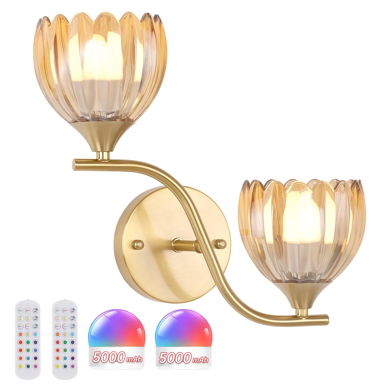 Shenmoyl Battery Operated Wall Sconce  2-Lights Vinatge Brass Wall Lighting with Amber Tluip Shade Rechargeable Bulb with Remote for Living Room  Bedroom
