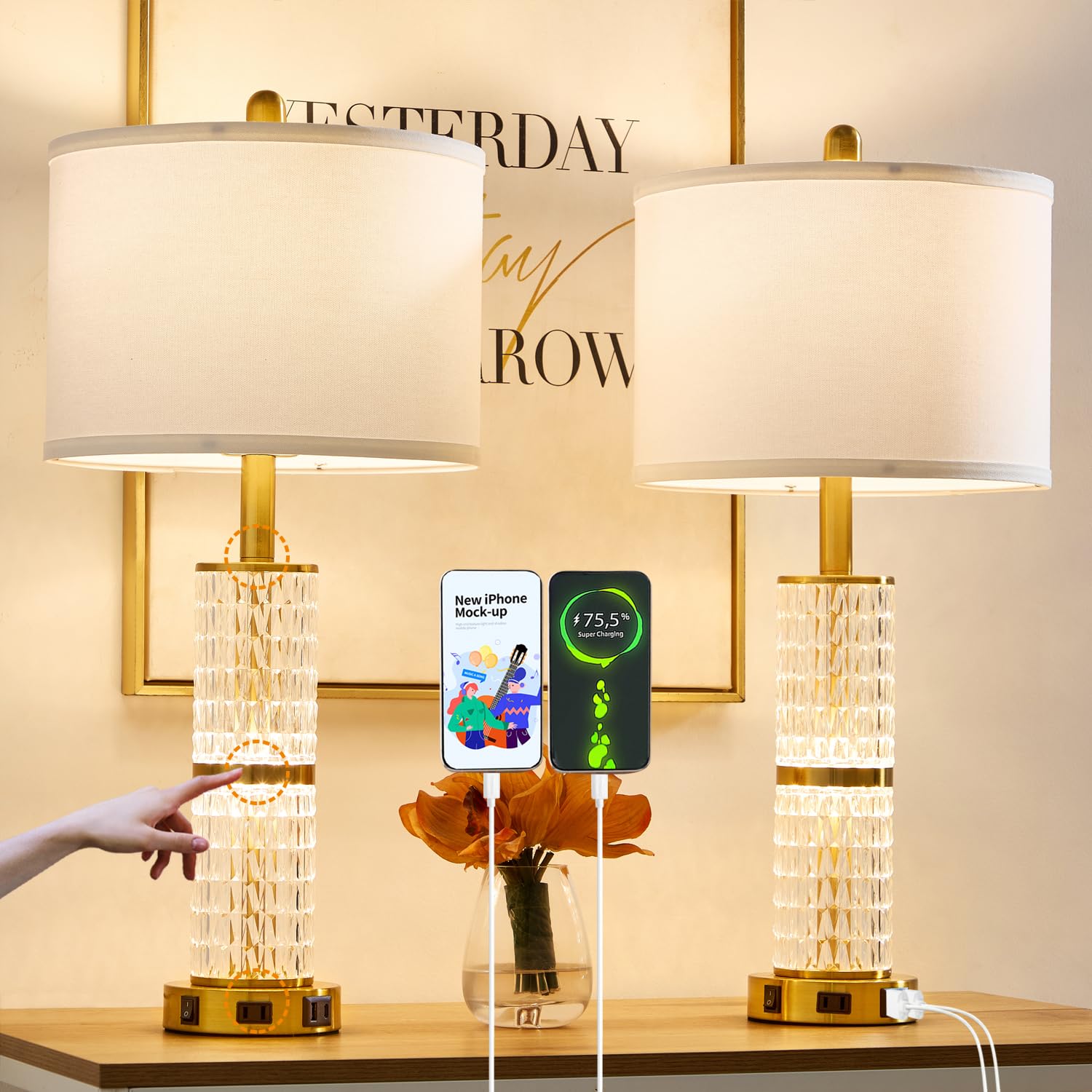 SAIWEYA Crystal Table Lamp Set of 2, 3-Way Dimmable, 27In Gold, with USB Ports & AC Outlets, Model TM-T10-N
