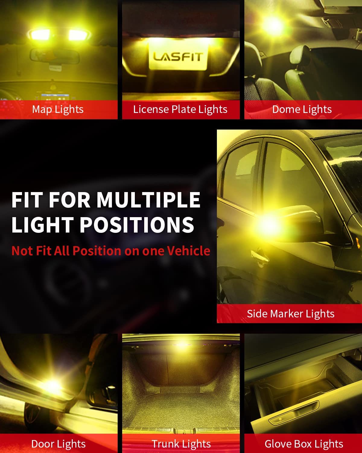 LASFIT 400 Lumens LED Bulb, T10 168 2825 W5W, Pack of 2, Yellow, Error Free for Car Interior Lighting