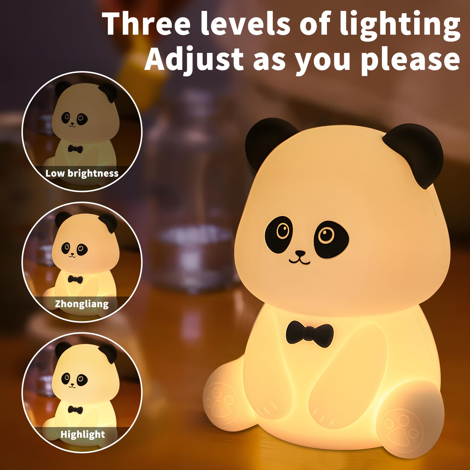 Hpydiy Cute Panda Night Light Squishy Animal Nightlamp Rechargerable Dimmable Nursery Soft Silicone Table Bedroom Lamp Portable Adjustable Lighting Bedroom Bedside Gift