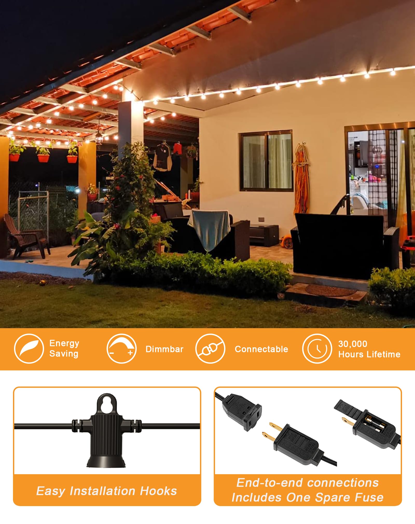 Zuske Outdoor String Lights, 150Ft Patio Lights With 75 Shatterproof G40 Globe Bulb(3 Spare), Waterproof Connectable Dimmable Le