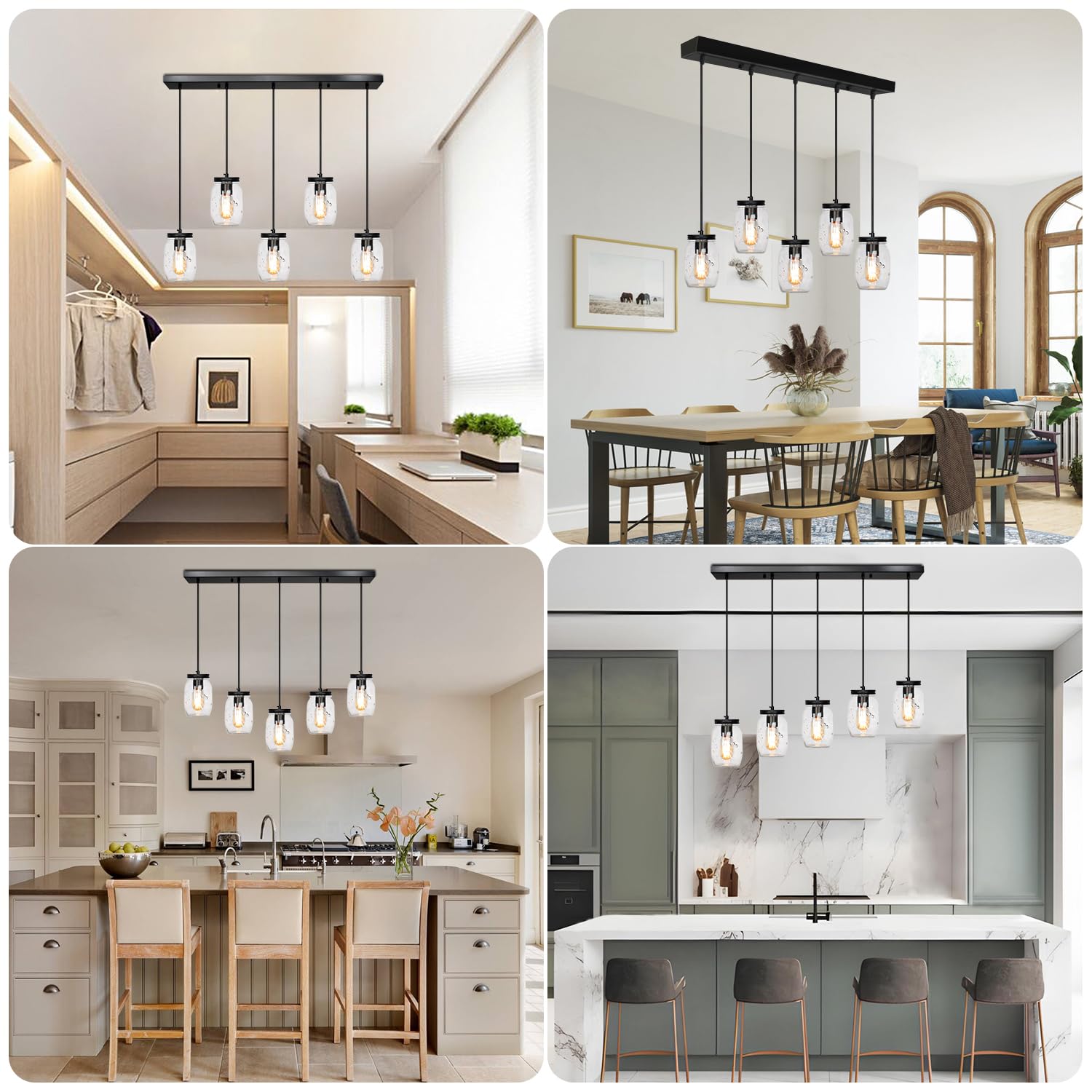 PUZHI HOME 5-Light Glass Mason Jar Pendant Lighting, Rustic Adjustable Height, Black, Model 31