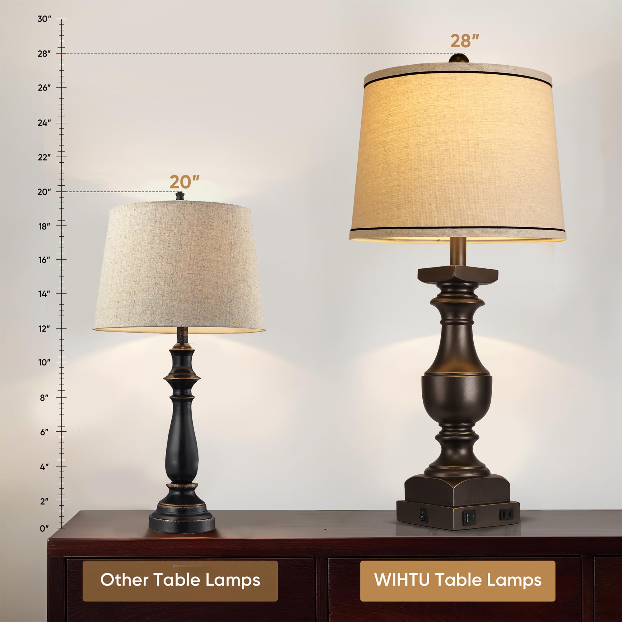 WIHTU Bedside Lamps Set of 2, 28in  Black Gold Table Lamps with USB Ports, Linen Shades, Model WTLP498AB2