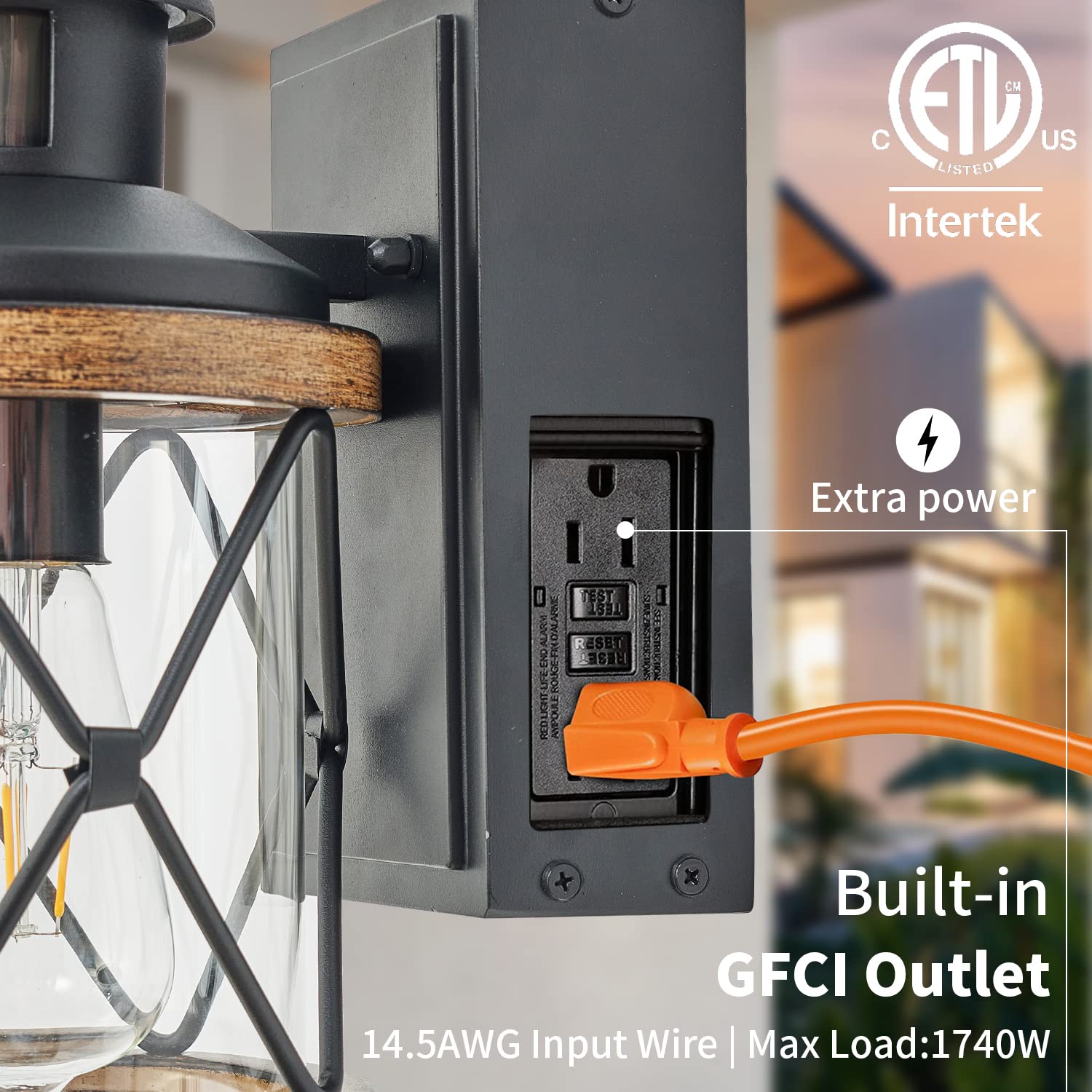 Ejerlya Outdoor Motion Sensor Porch Light with GFCI Outlet, Anti-Rust Metal, UL ETL Listed, Round Model YJ-22-005