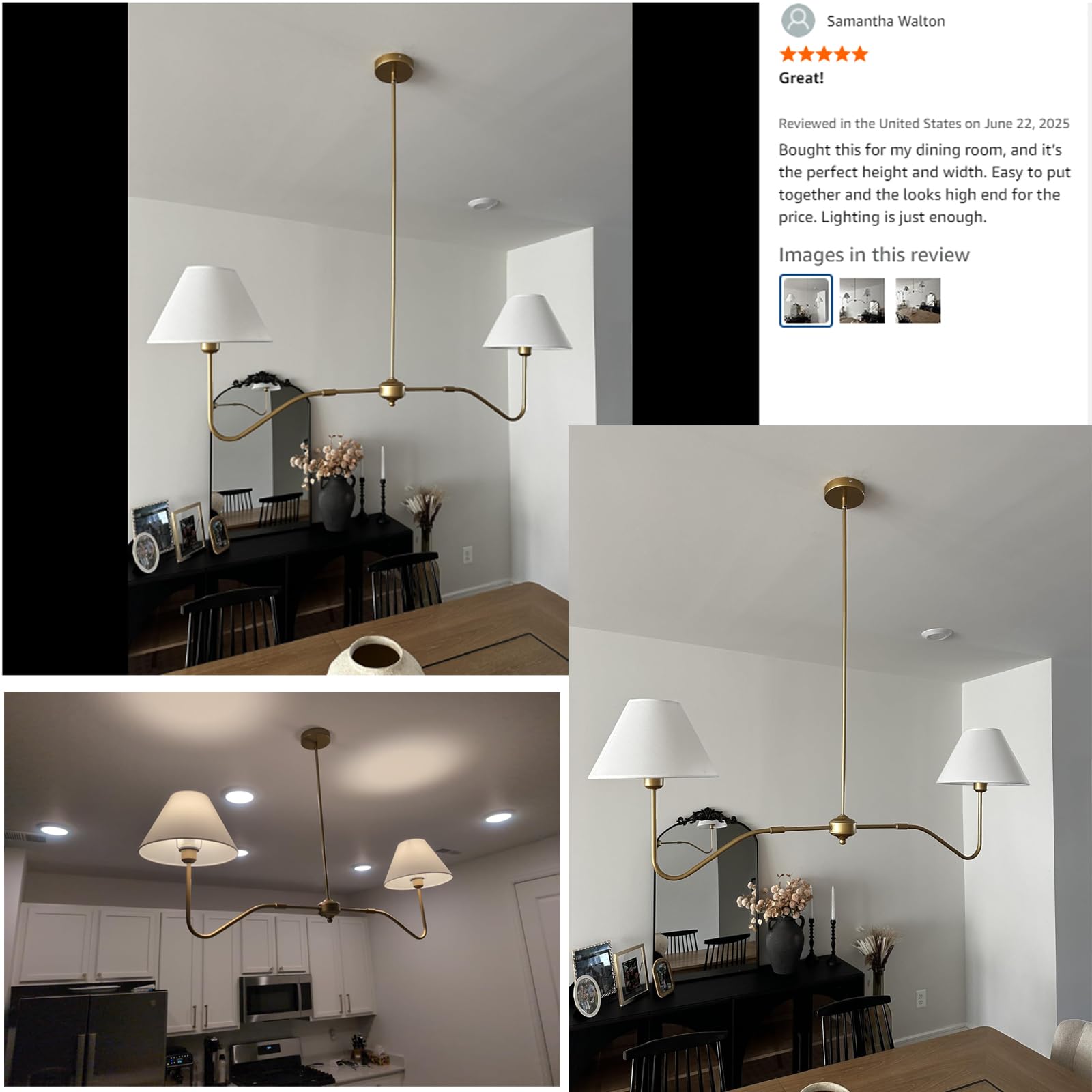 JSDORSY 2-Light Gold Linear Chandelier, 55" Adjustable Farmhouse Lighting with White Fabric Shades, Model JL-2T-Gold