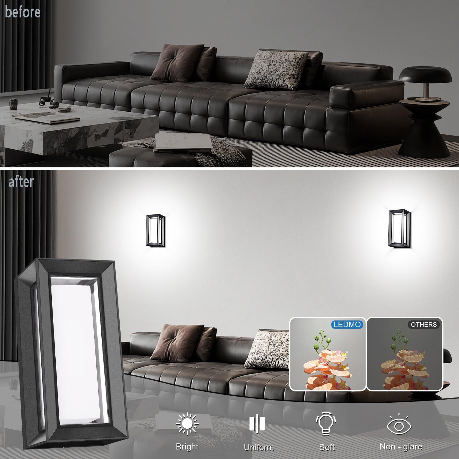 ledmo Outdoor Wall Lights - 1800Lm Waterproof Porch Light - 6000K Bright Black - 2 Pack, Rectangle Design, Model LED1289B