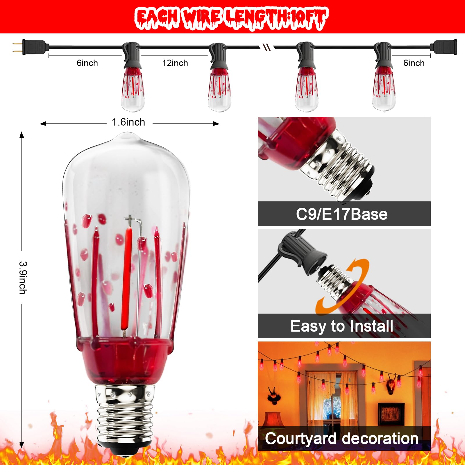 Cbebew 10Ft Halloween Led String Lights With Red Blood Drops – Spooky Outdoor Decor