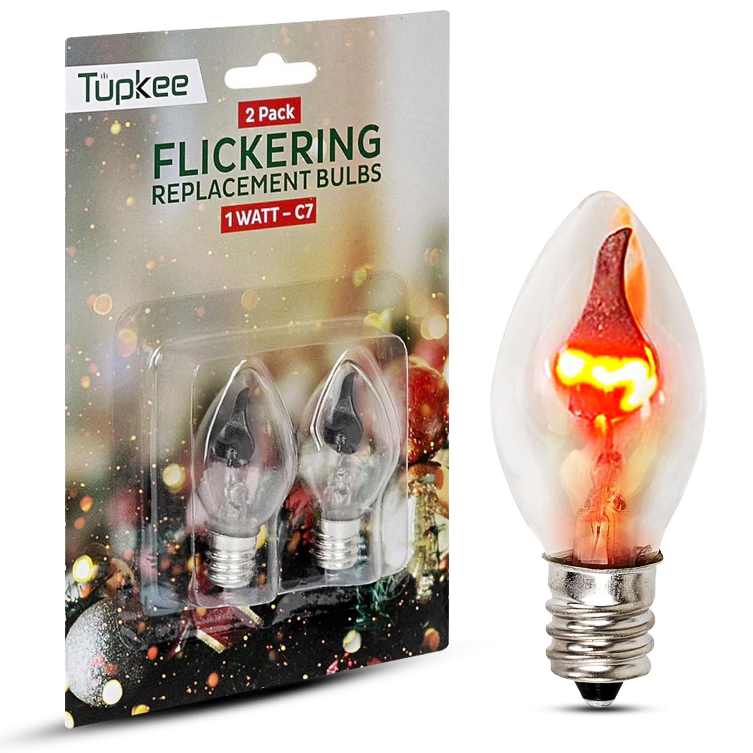 Tupkee C7 Flickering Flame Bulb – 1W, Flicker Flame Light Bulb With A Orange Glow That Flickers And Dances Up And Down - Replacement For E12 Base Halloween, Christmas Candolier Window Candle - 2/Pkg