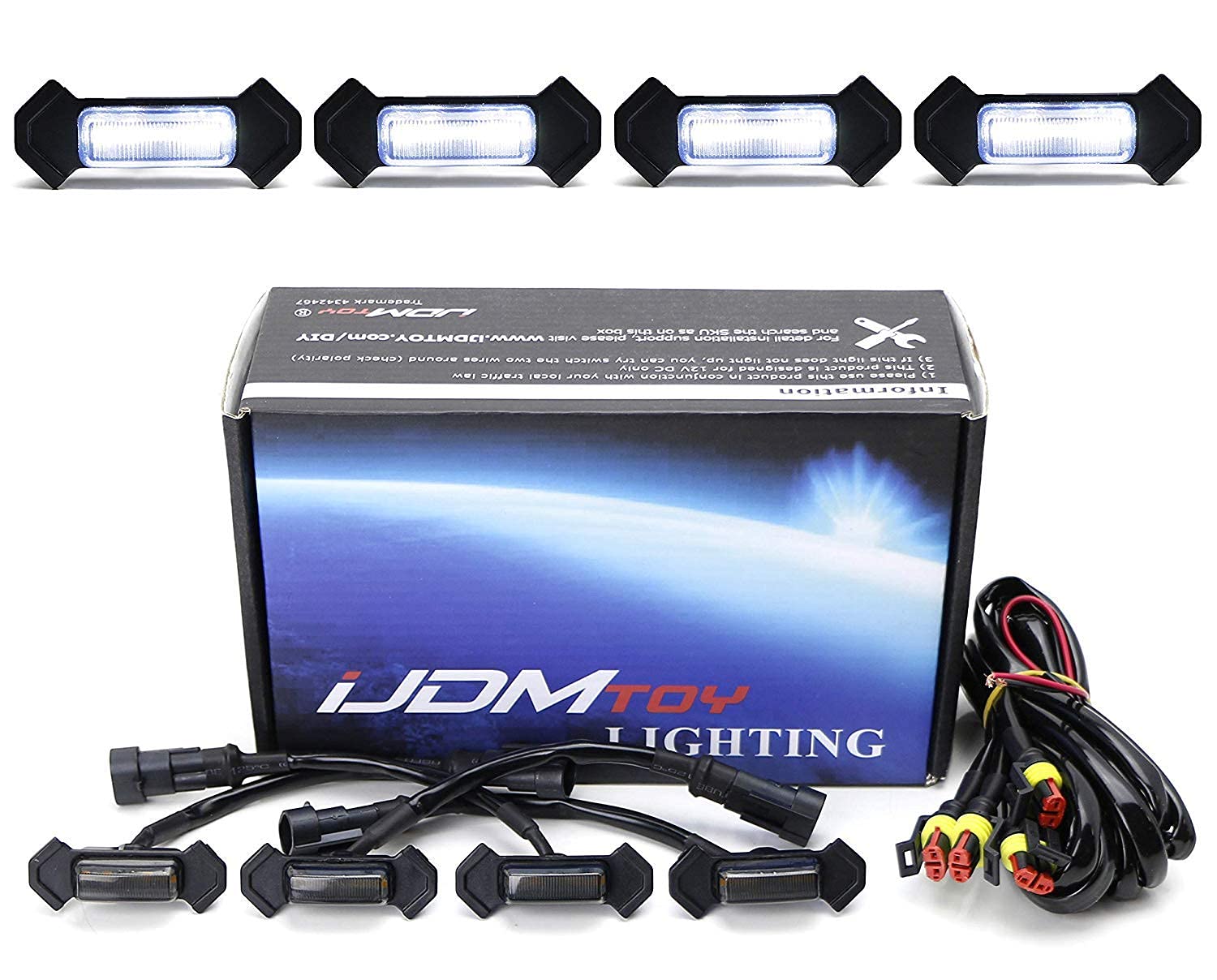 Ijdmtoy 4Pc Set Smoked Lens Front Grille Lighting Kit Compatible With 2016-2023 Toyota Tacoma W/Trd Pro Grill Only, Includes (4) 4-Smd 6000K White Led Light Assy & Wiring Harness