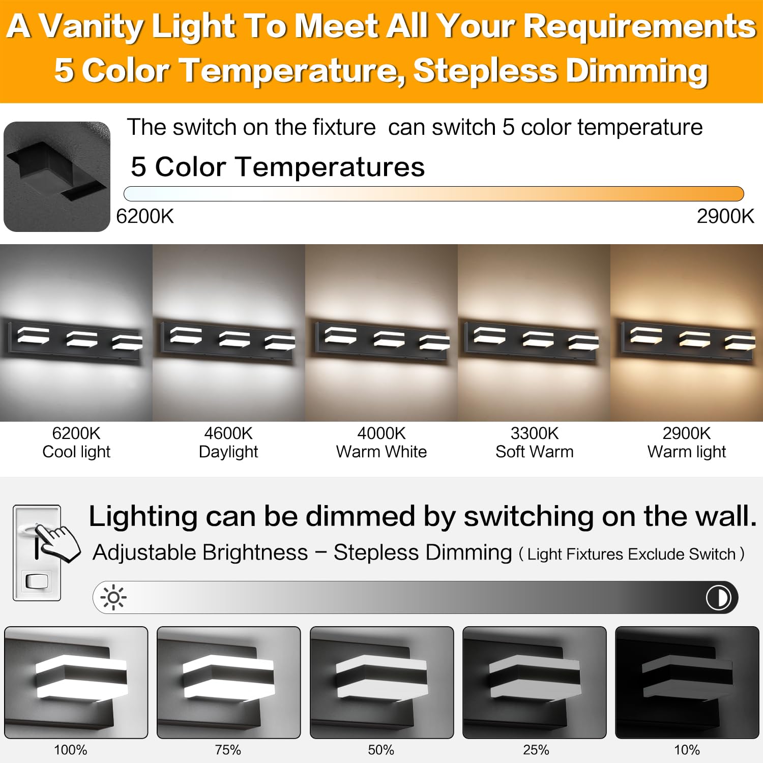 SOLFART LED Bathroom Vanity Light Fixture, 3 Lights, Adjustable Color Temperature, Matt Black, 21.7 inch, Model S8568-3T-6000K-5CCT