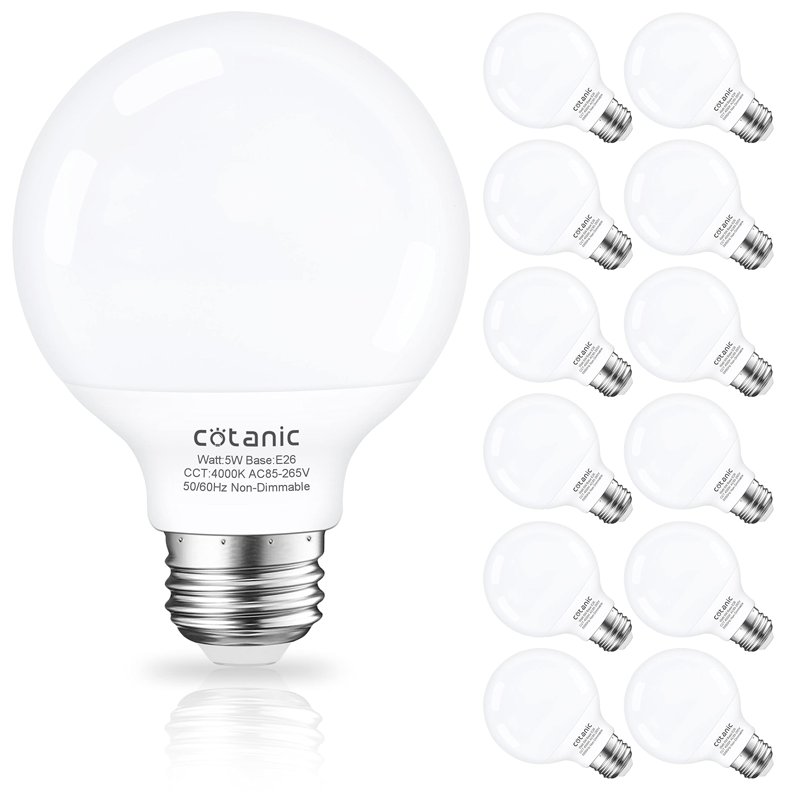 Cotanic G25 Led Globe Light Bulbs,E26 Standard Base,5W,60 Watt Incandescent Equivalent,500Lm,Non-Dimmable, 12 Pack Vanity Light 
