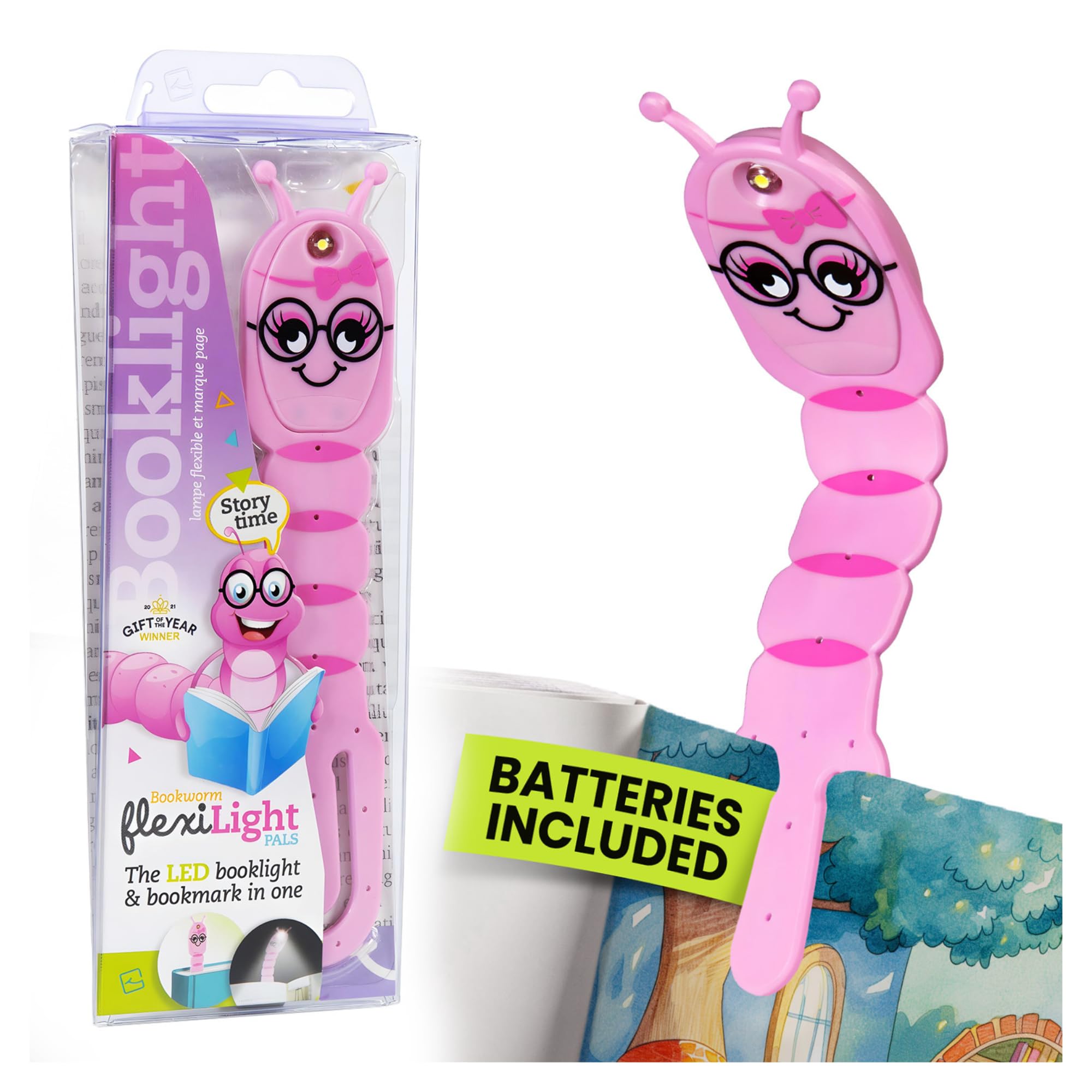 Gifts for Readers & Writers Bookmark Reading Light Bookworm Pink - 2in1 Clip On Bookmark Kids Light for Reading in Bed, Travel C