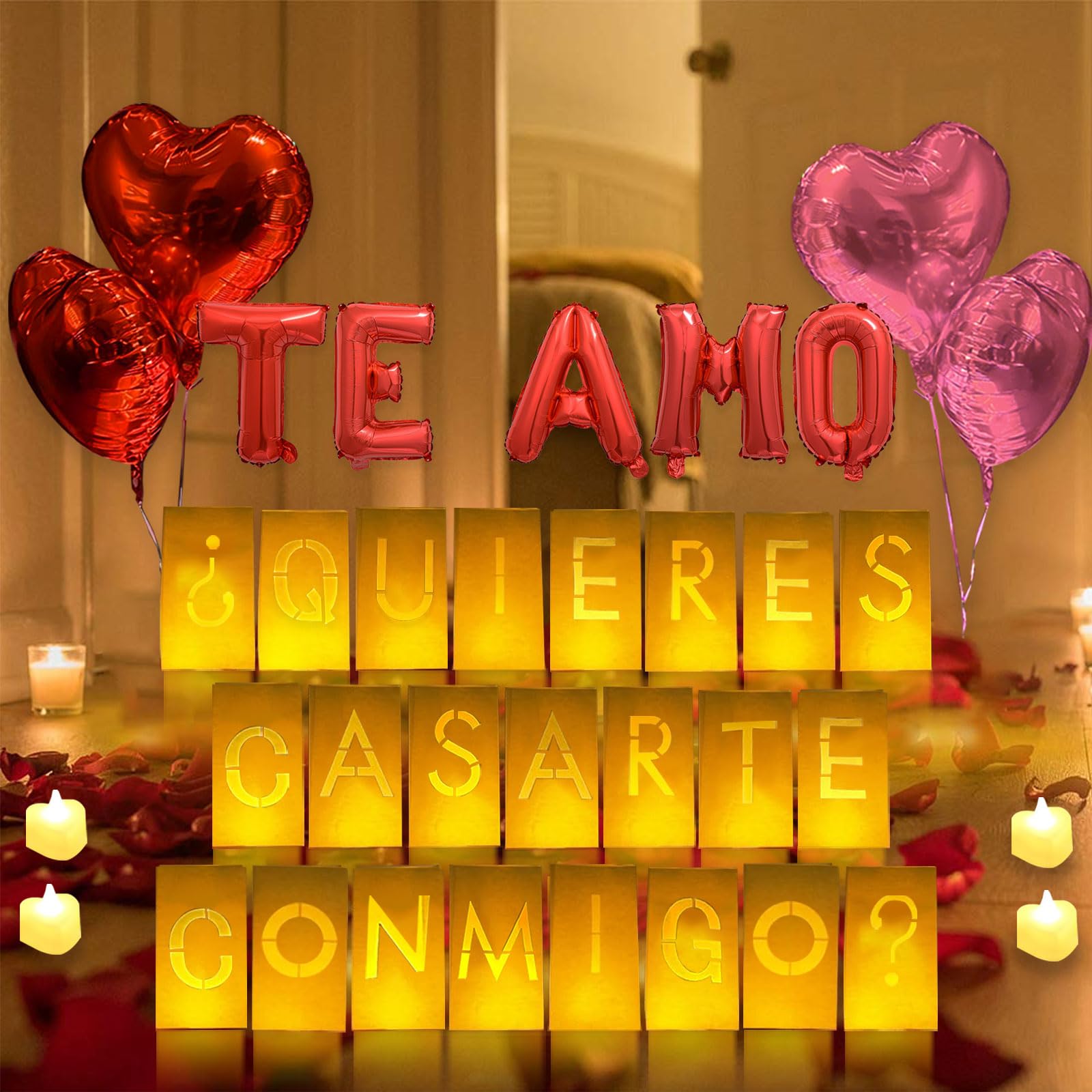 Quieres Casarte Conmigo? Lighted Letters Sign 17Pcs Luminary Paper Bags 2200Pcs Red Pink Artificial Rose Petals 48Pcs Flameless Led Candle Tealight 15Pcs Heart Balloons Romantic Night ValentineS Day