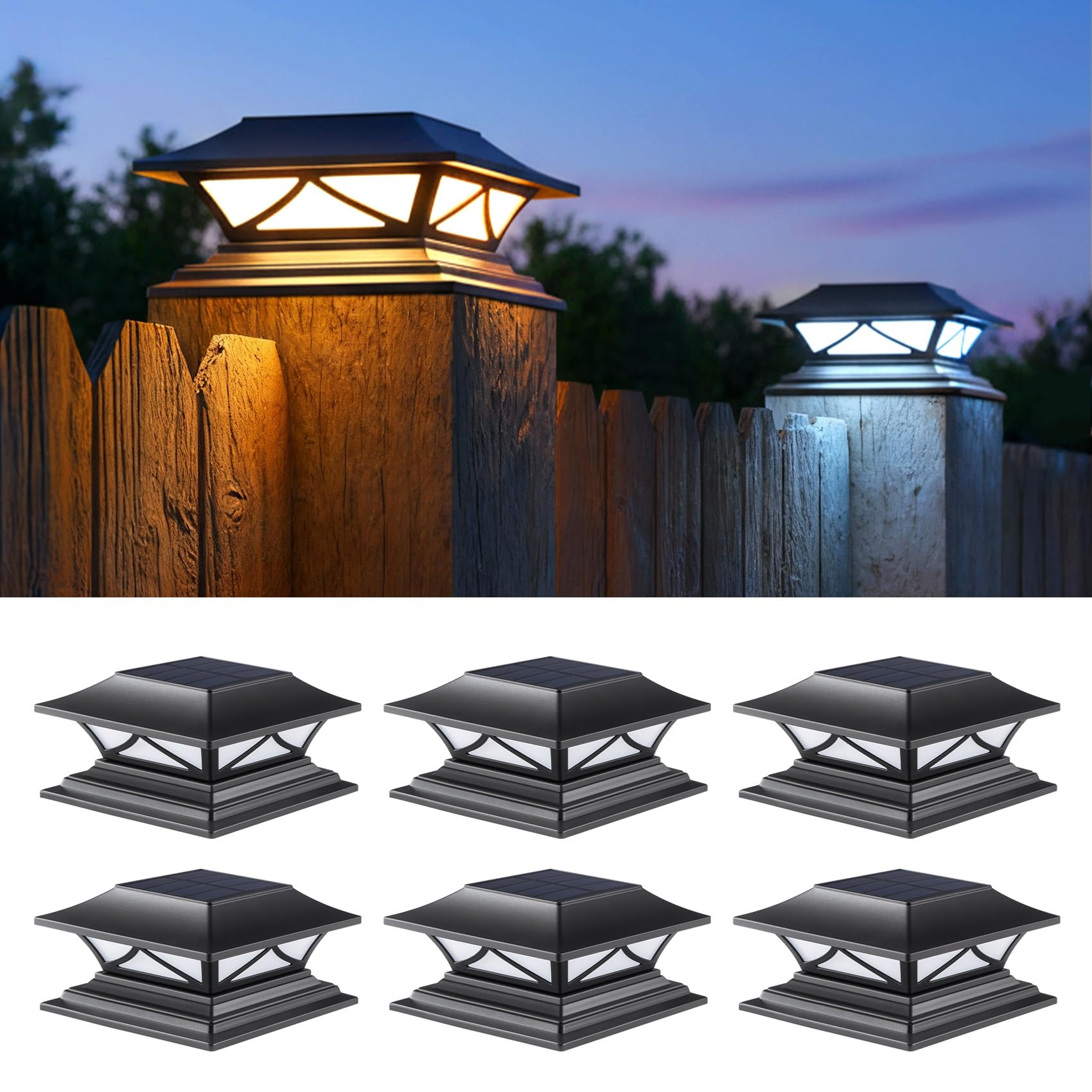 PASAMIC 6 Pack Solar Post Cap Lights, Waterproof Outdoor Lights for 4x4 5x5 6x6 Wood Posts, Fence Post Solar Lights with 2 Color