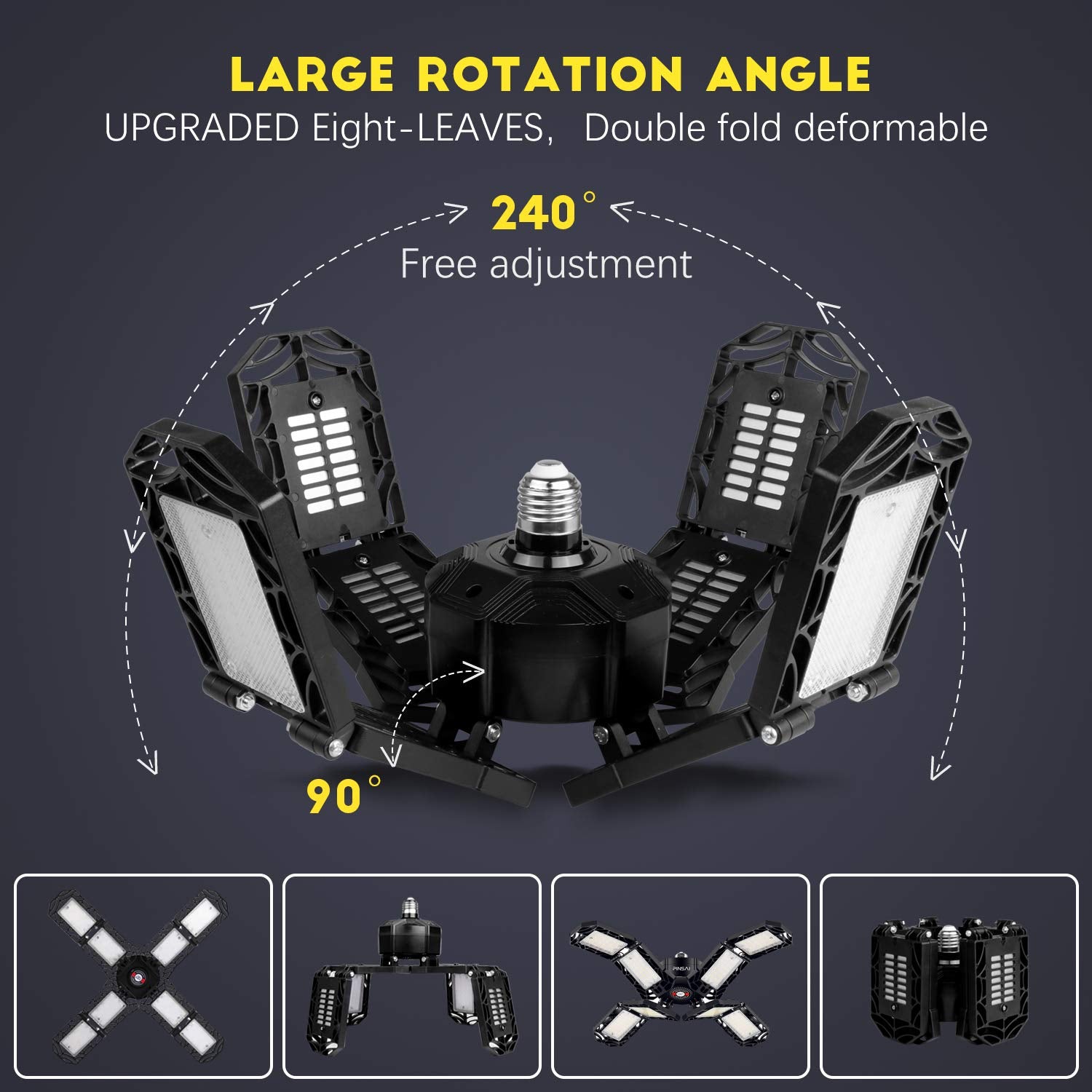 PINSAI LED Garage Light, 200W 20000 Lumen Deformable Ceiling Lamp, E26/E27, 8 Adjustable Panels, Black, Perfect for Workshop and Attic