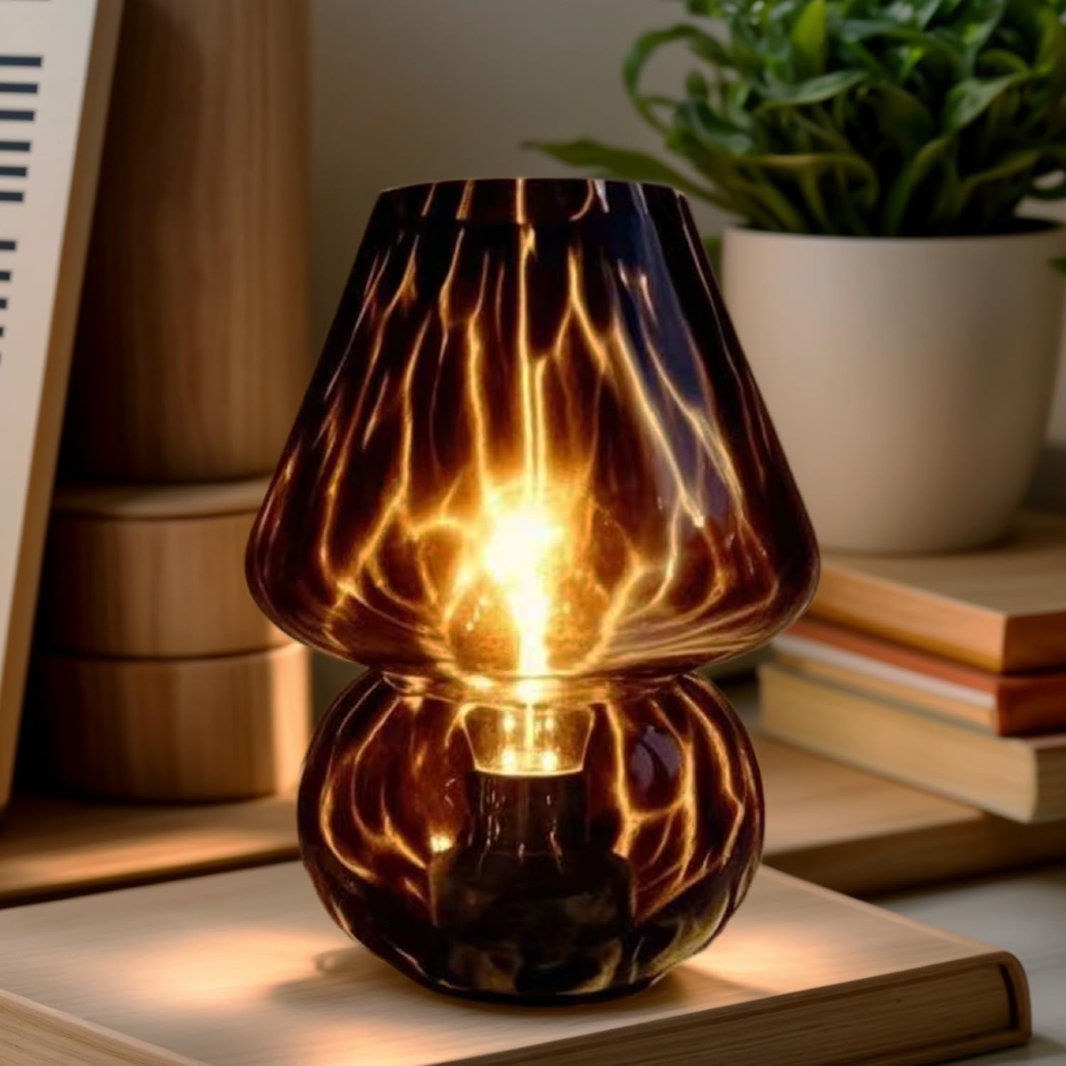 Aomoonoa Glass Mushroom Lamp, Mushroom Desk Lamp With Led Bulb, Small Brown Battery Operated Cordless Lamps For Kitchen Counter,