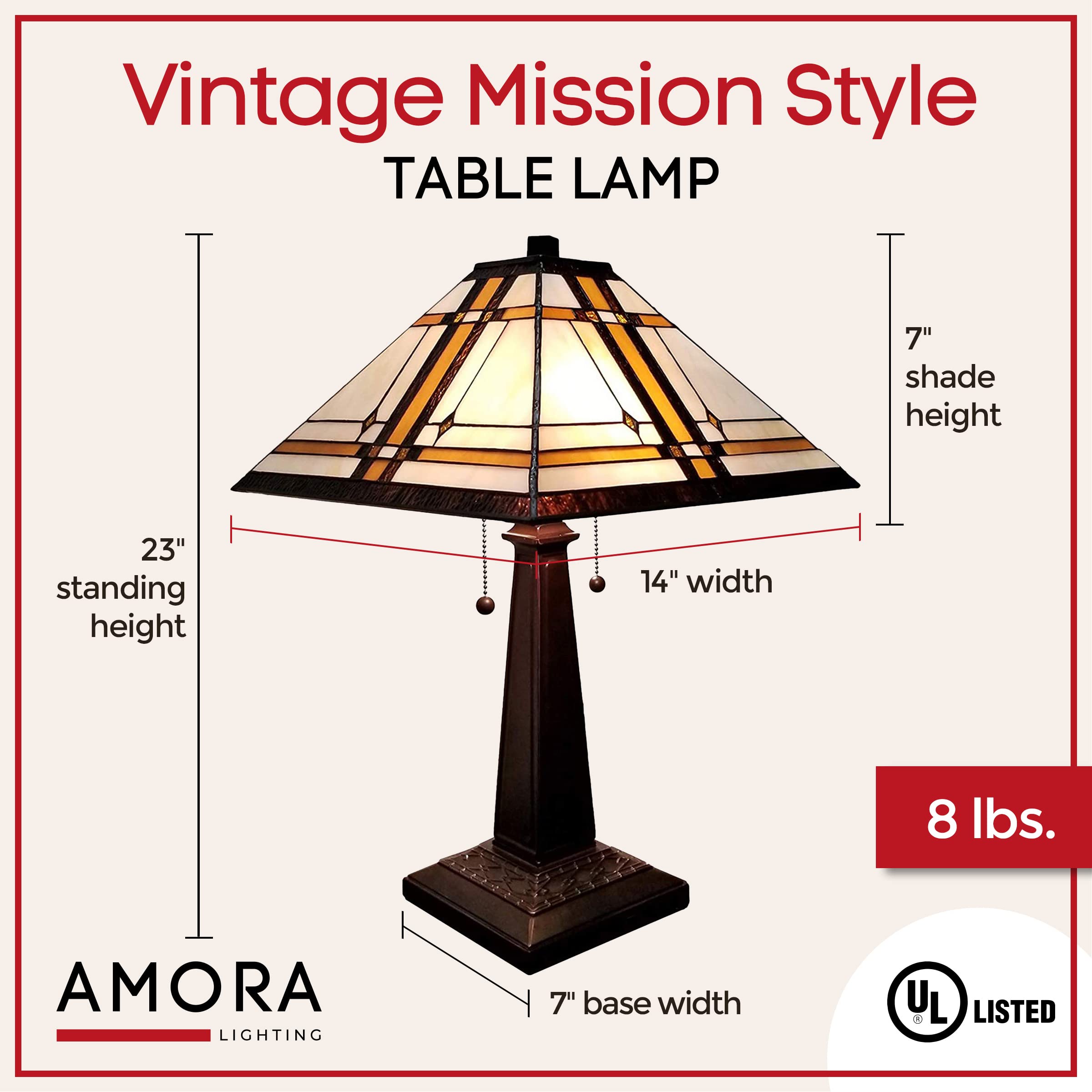 Amora Vintage Tiffany Table Lamp - Stained Glass Nightstand Lamp - Table Night Light W/Tiffany Lighting - 23Stained Glass Lamps
