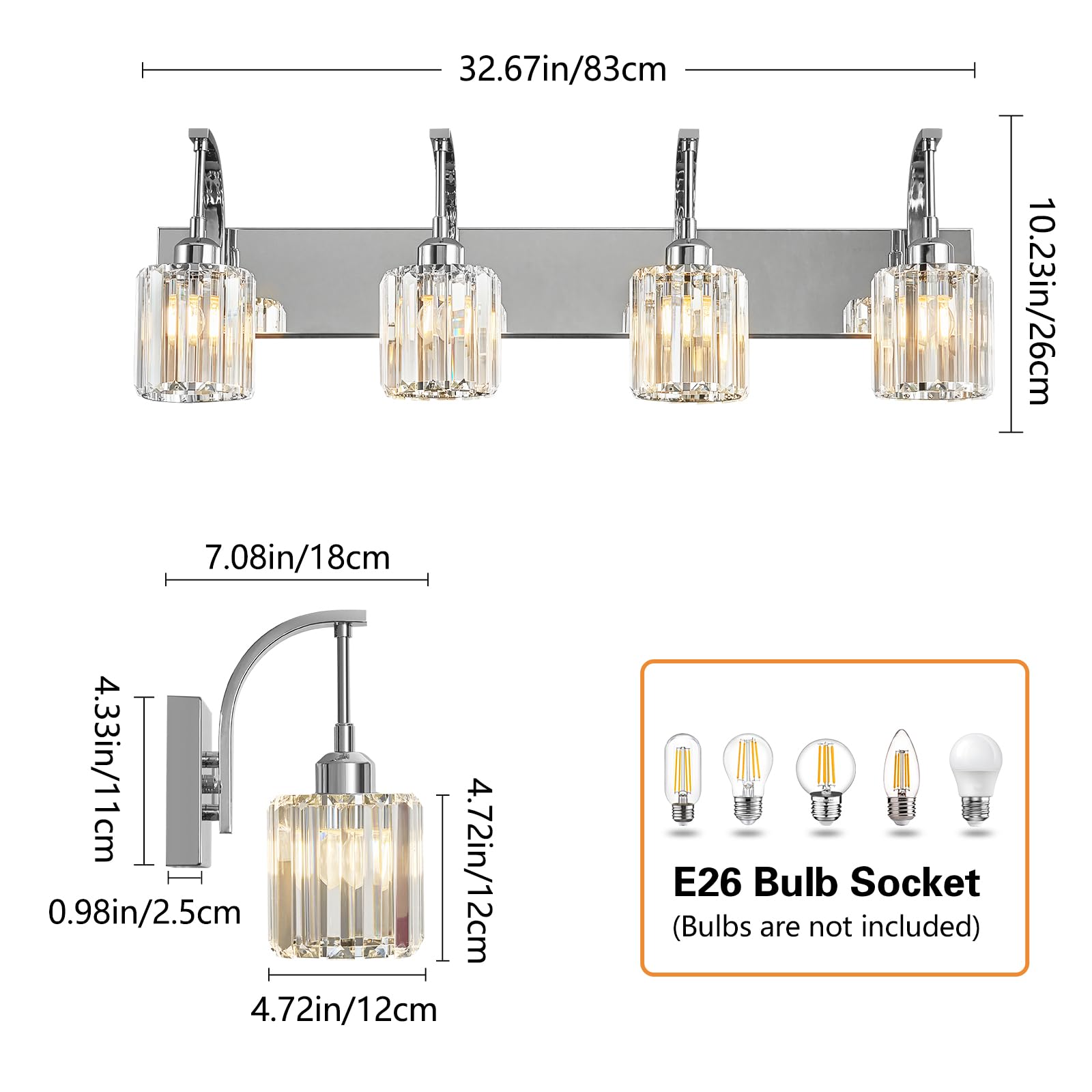 Fdpby 4-Light Crystal Vanity Light  Modern Chrome Bathroom Wall Sconce With K9 Crystal Shades  32.67 Long Over Mirror Lighting For Vanity  Makeup  Hallway  Elegant & Easy Install