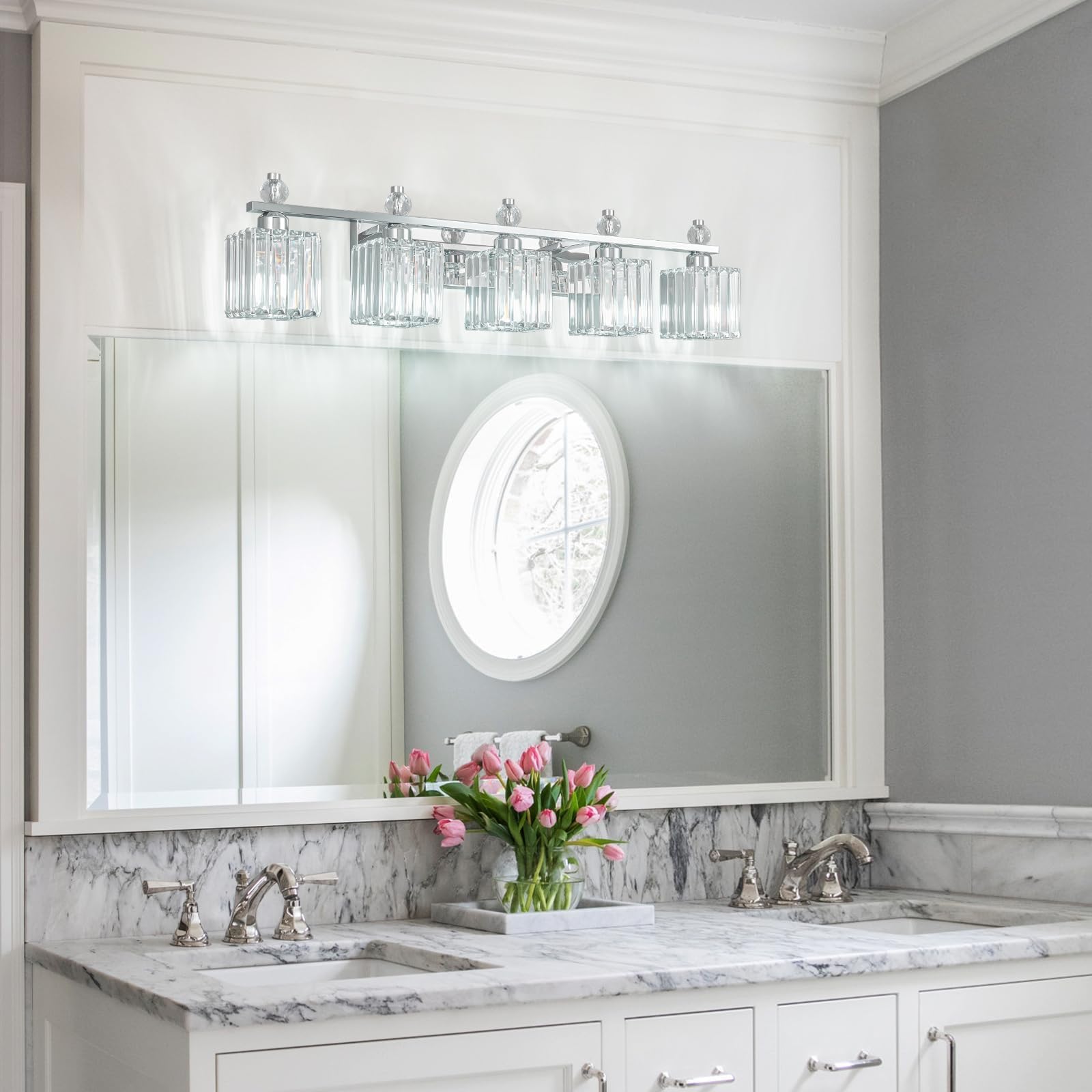 FDPBY 5-Light Chrome Crystal Vanity Light Fixtures, Model 290, Metal Bathroom Lighting Over Mirror