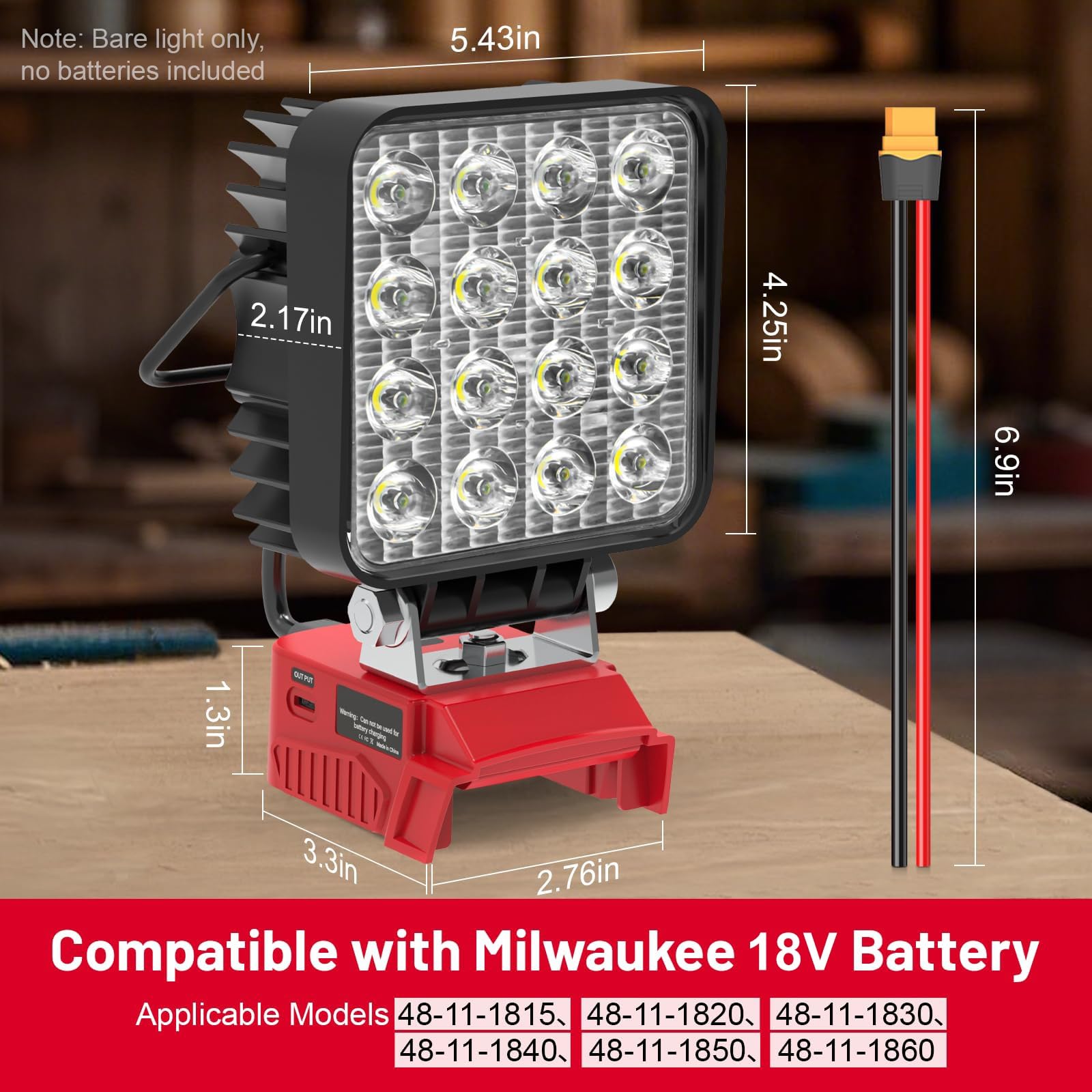 Mightrench 48W LED Work Light for Milwaukee 18V Battery - 4800LM, Cordless Floodlight with USB & Type-C Port, Adjustable 140°