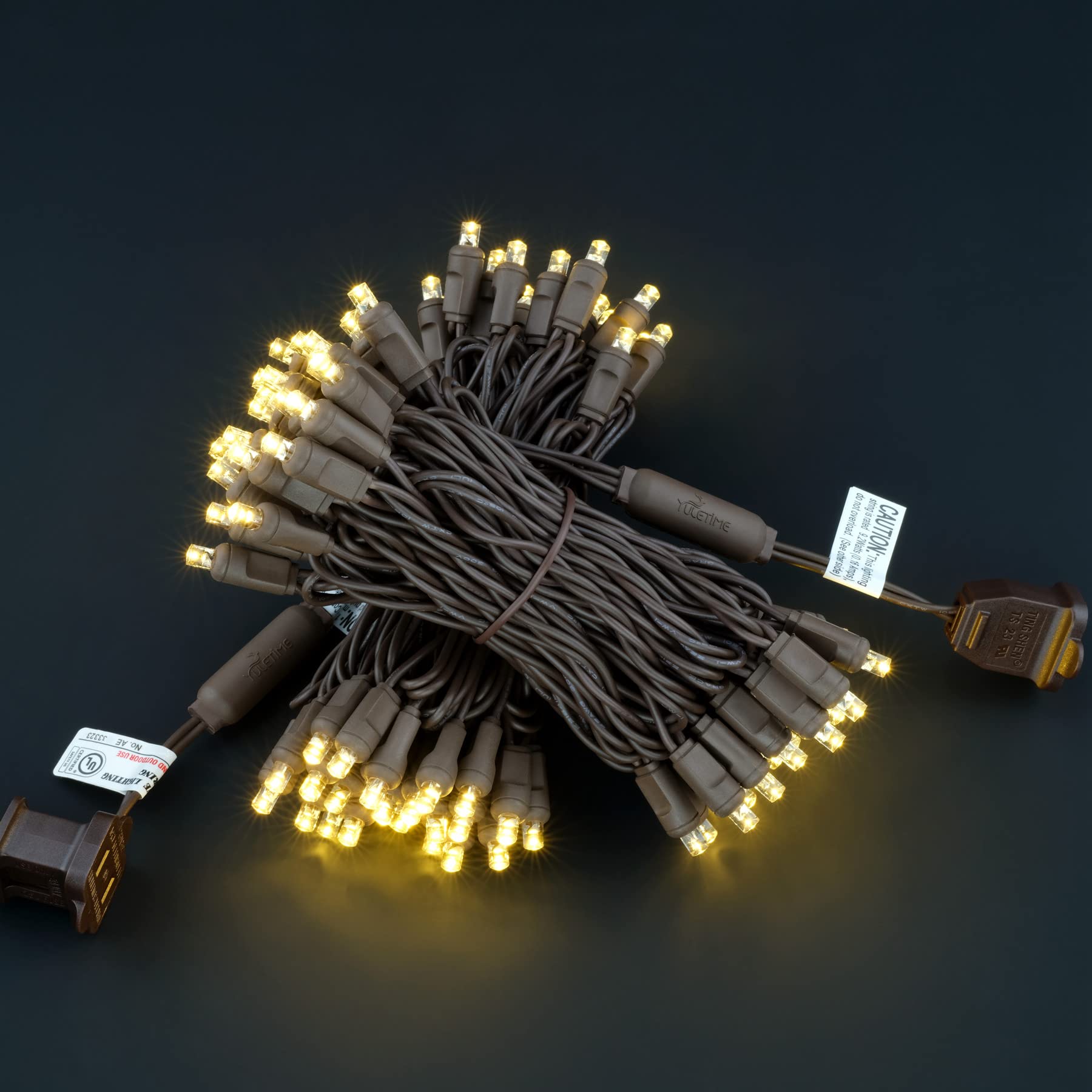 YULETIME 48ft Warm White LED Christmas Lights, 140 Count, Waterproof, Brown Wire, Model BDA-L-70E/2F