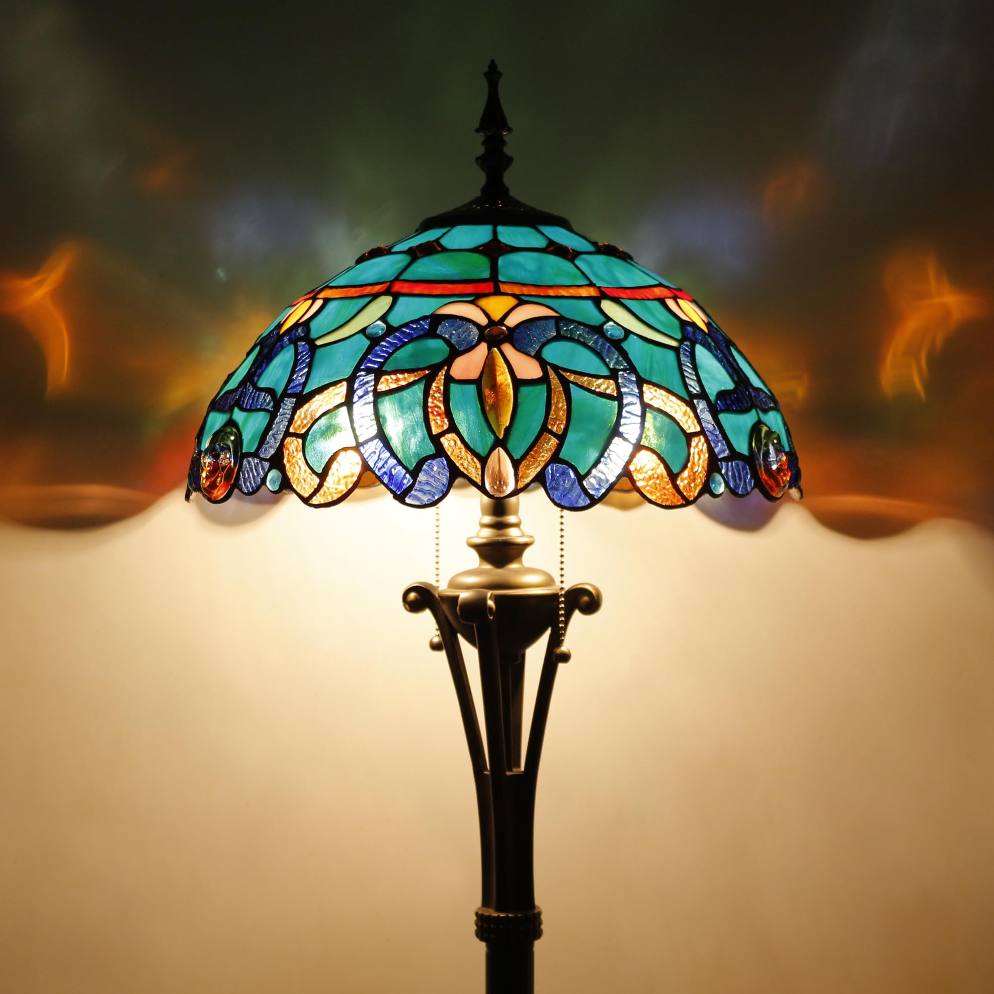 L-Juicwe Tiffany Floor Lamp Blue Green Stained Glass Jewelry Baroque Standing Reading Light 16X16X70 Inches Antique Pole Corner 