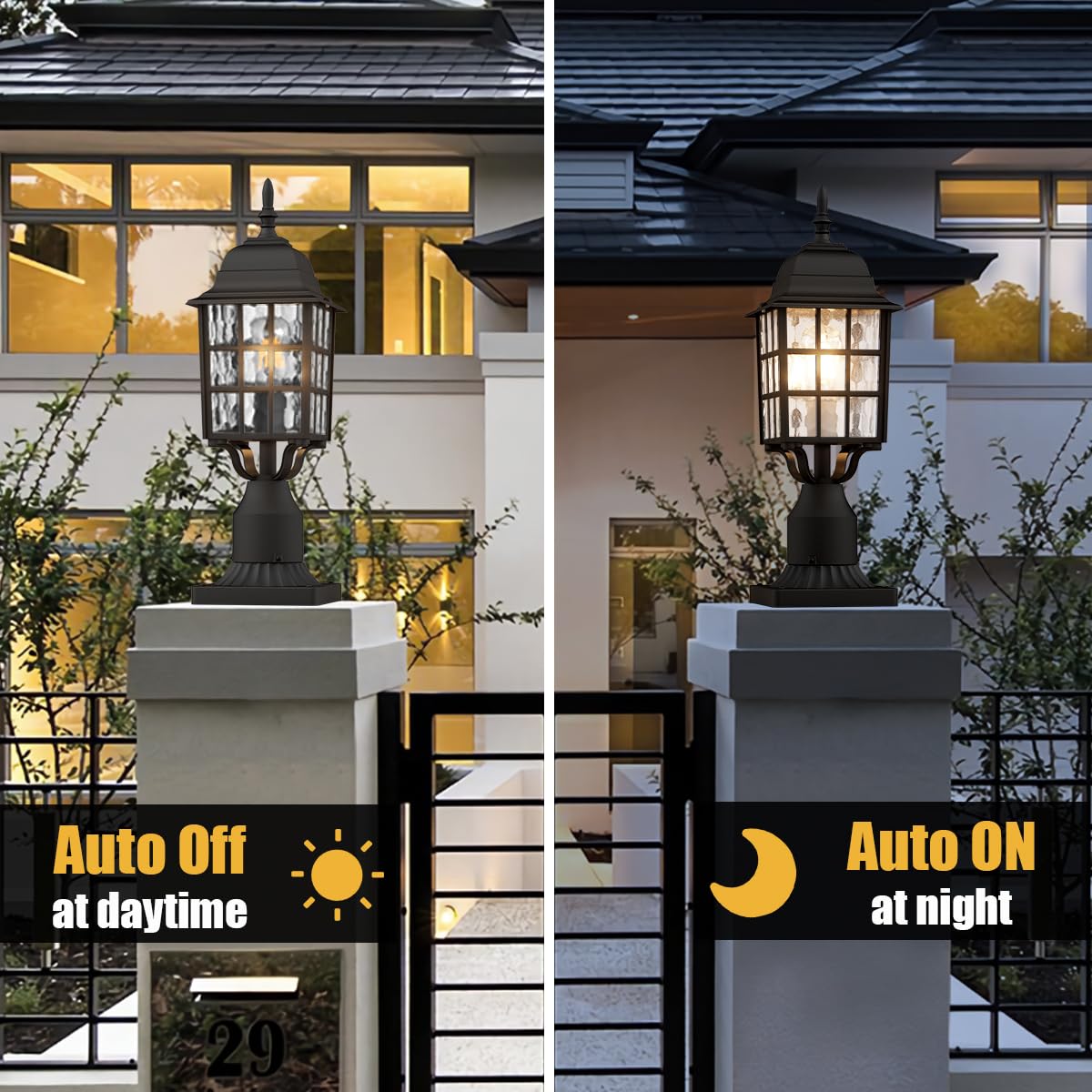 Aoceley Dusk To Dawn Outdoor Post Light, Black Aluminum Lantern With Water Ripple Glass