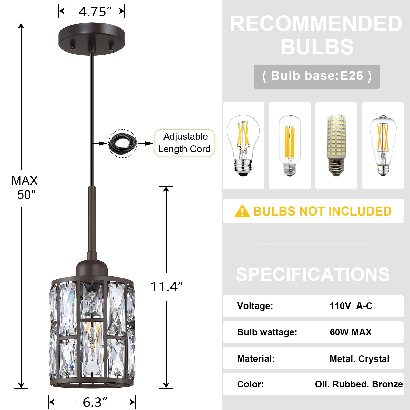 Dolaimy House 2 Pack Crystal Pendant Ceiling Light Fixture, 6.3" Oil Rubbed Bronze, Modern Design for Bar and Dining Room