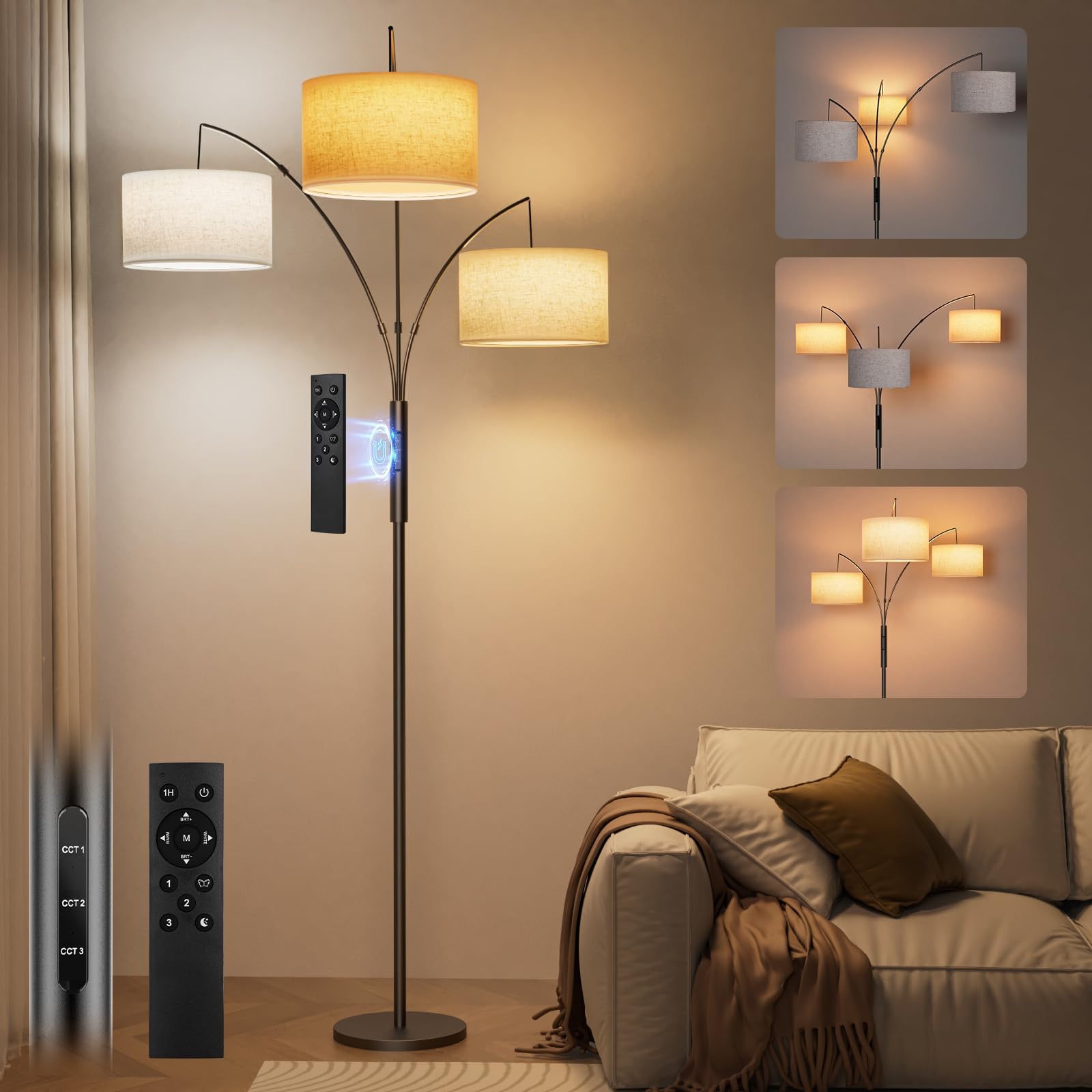 SIBRILLE 36W LED Arc Floor Lamp with 3 Fabric Shades, 3000LM Super Bright Standing Lamp with Remote Control & Touch, Stepless Di